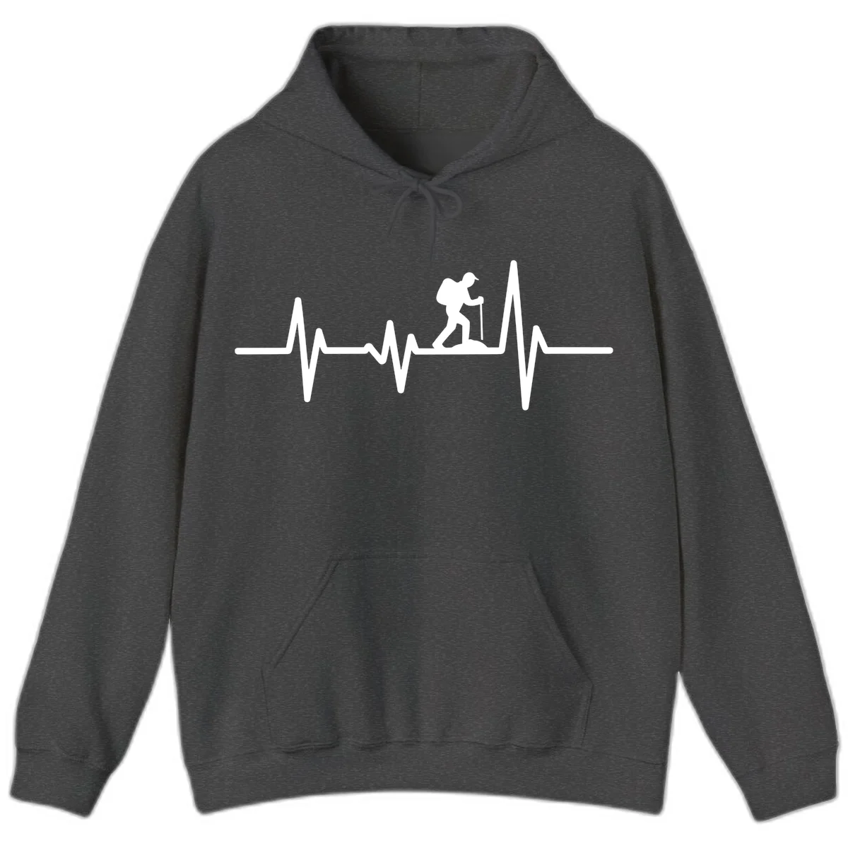 White hiking silhouette with backpack integrated into a heartbeat ECG line on gray background in Dark Heather