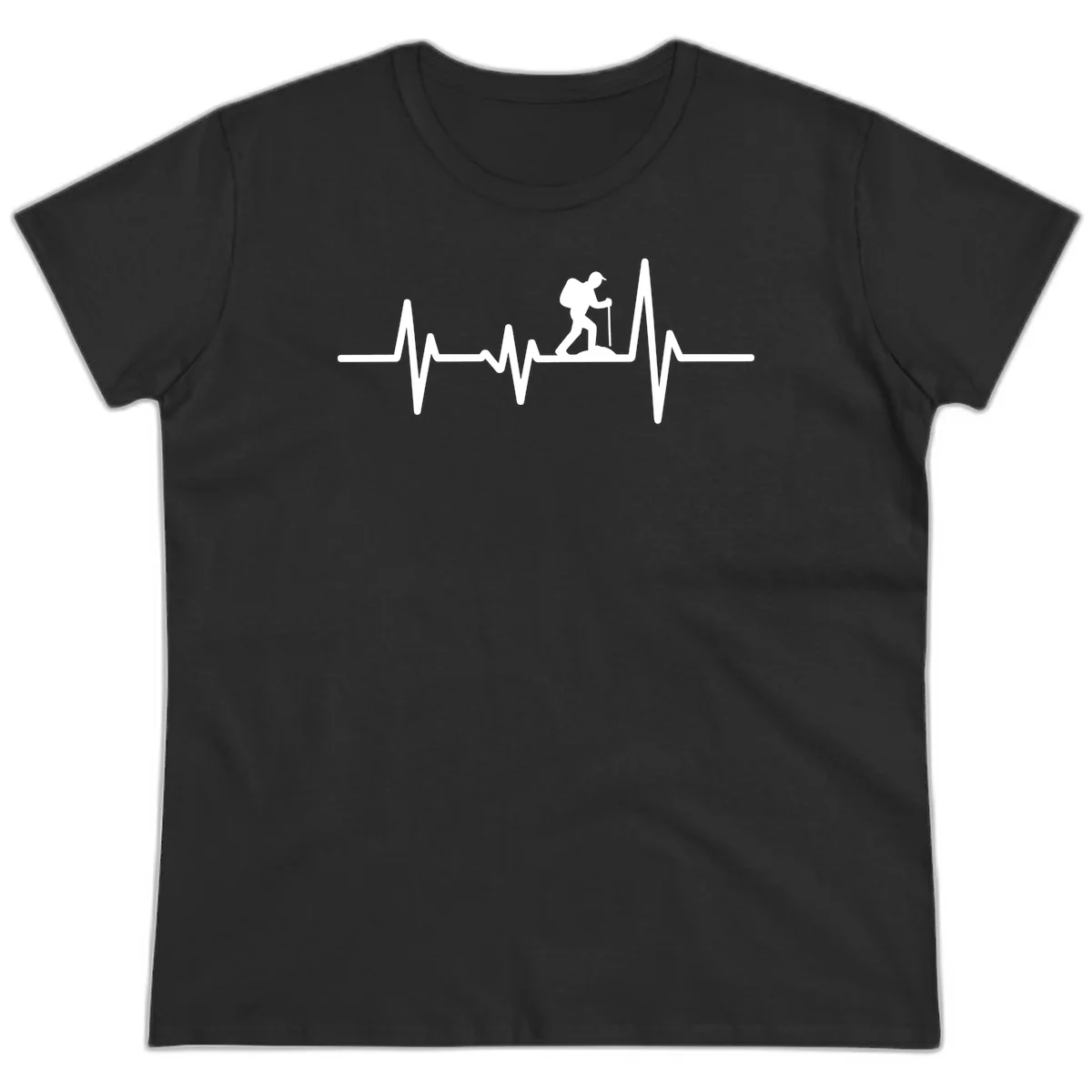 White hiking silhouette with backpack integrated into a heartbeat ECG line on gray background in Black