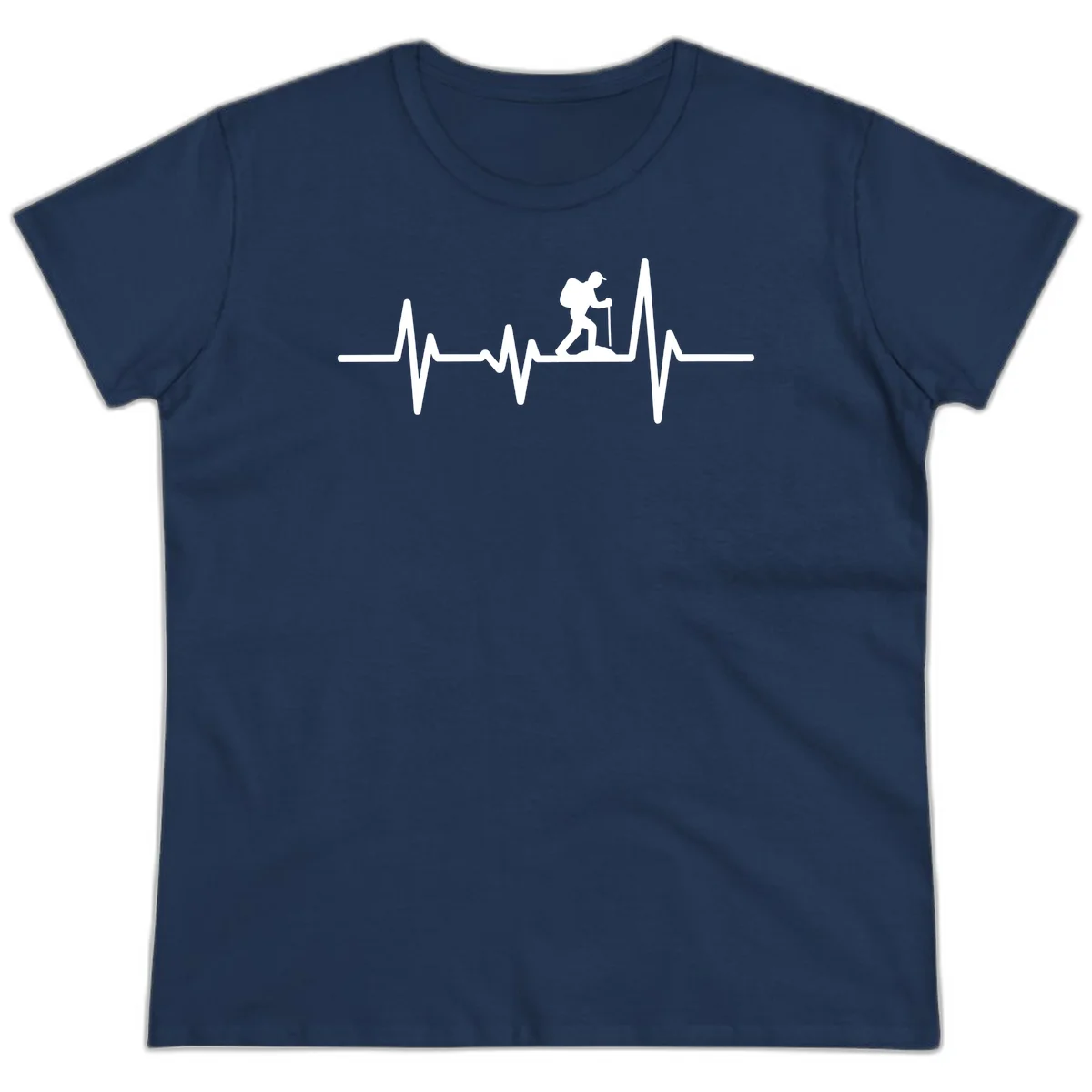 White hiking silhouette with backpack integrated into a heartbeat ECG line on gray background in Navy