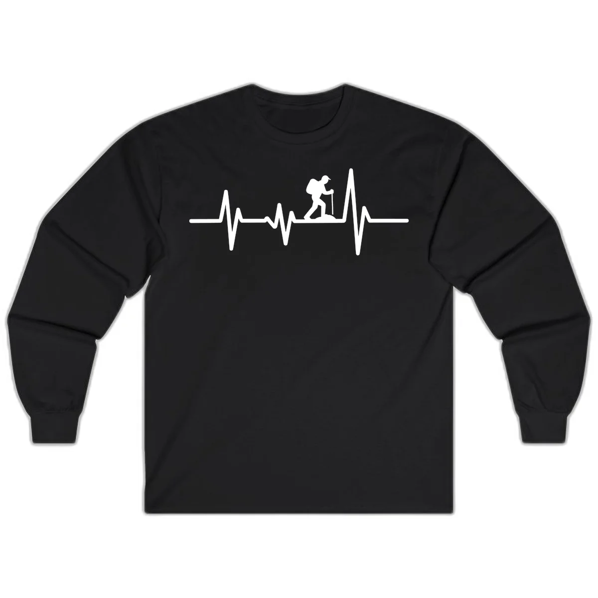 White hiking silhouette with backpack integrated into a heartbeat ECG line on gray background in Black