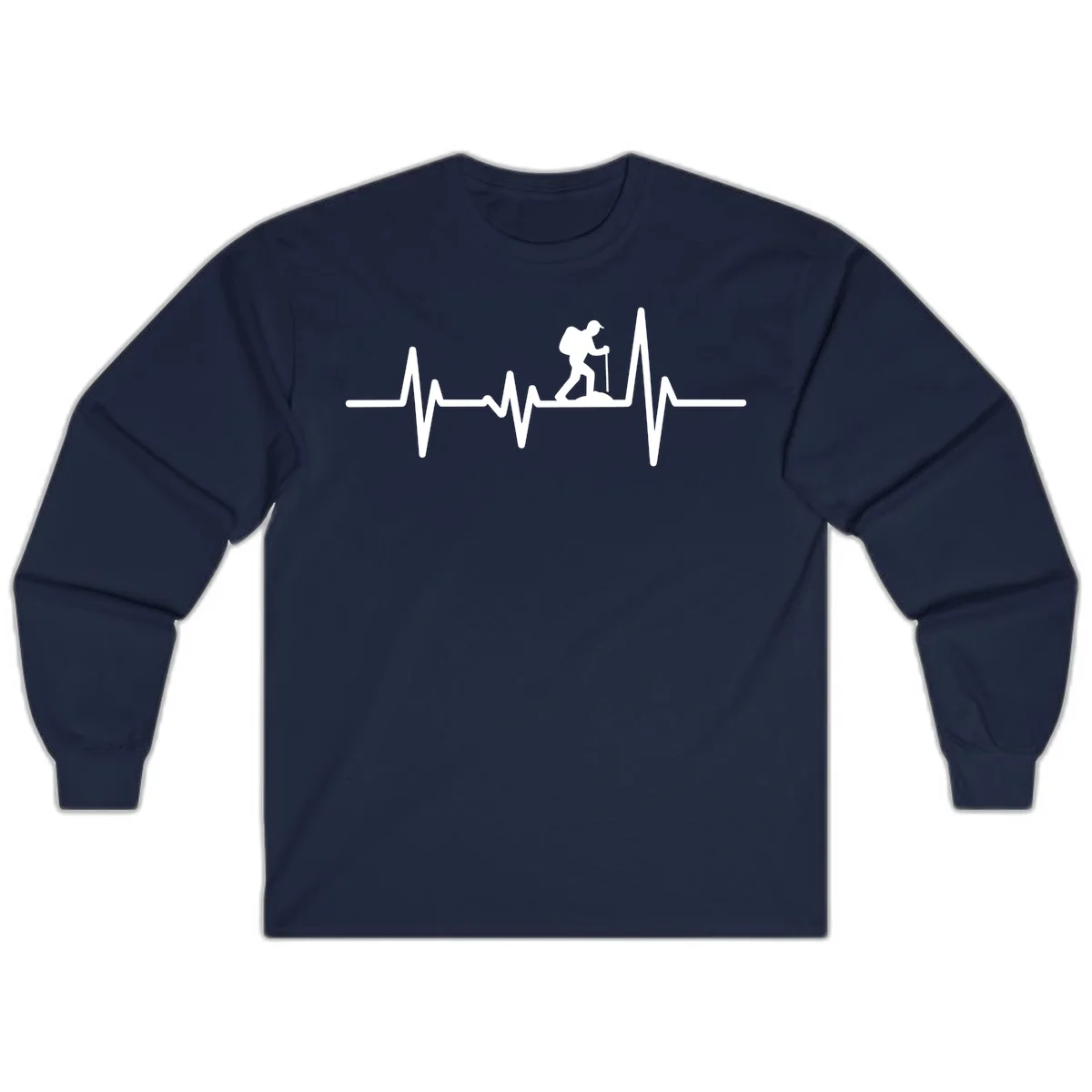 White hiking silhouette with backpack integrated into a heartbeat ECG line on gray background in Navy