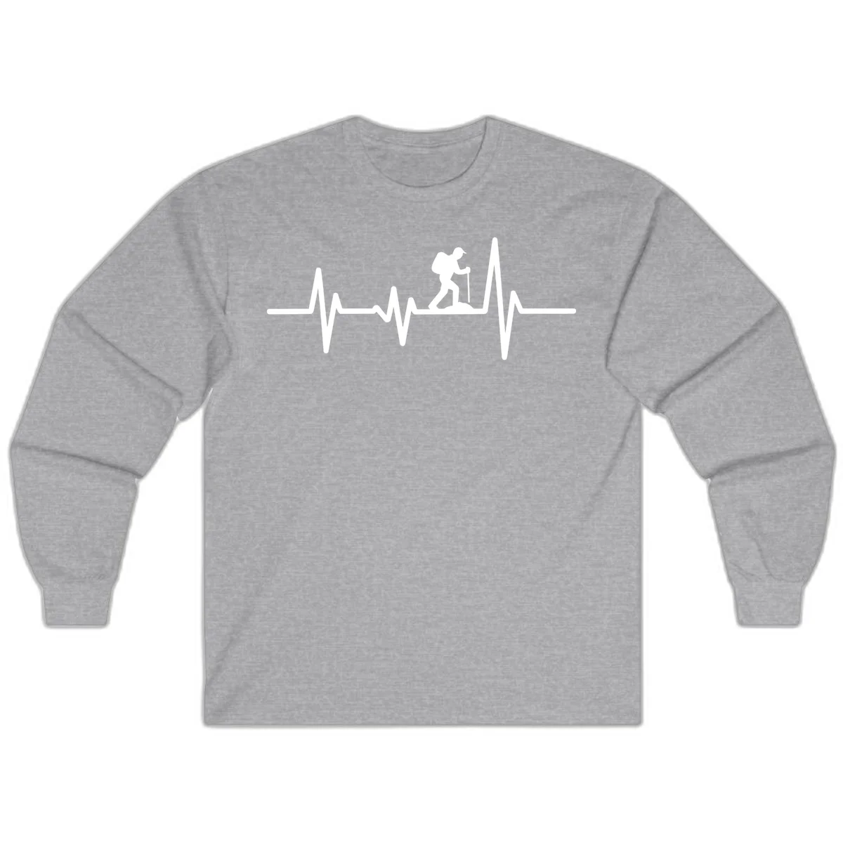 White hiking silhouette with backpack integrated into a heartbeat ECG line on gray background in Sport Grey