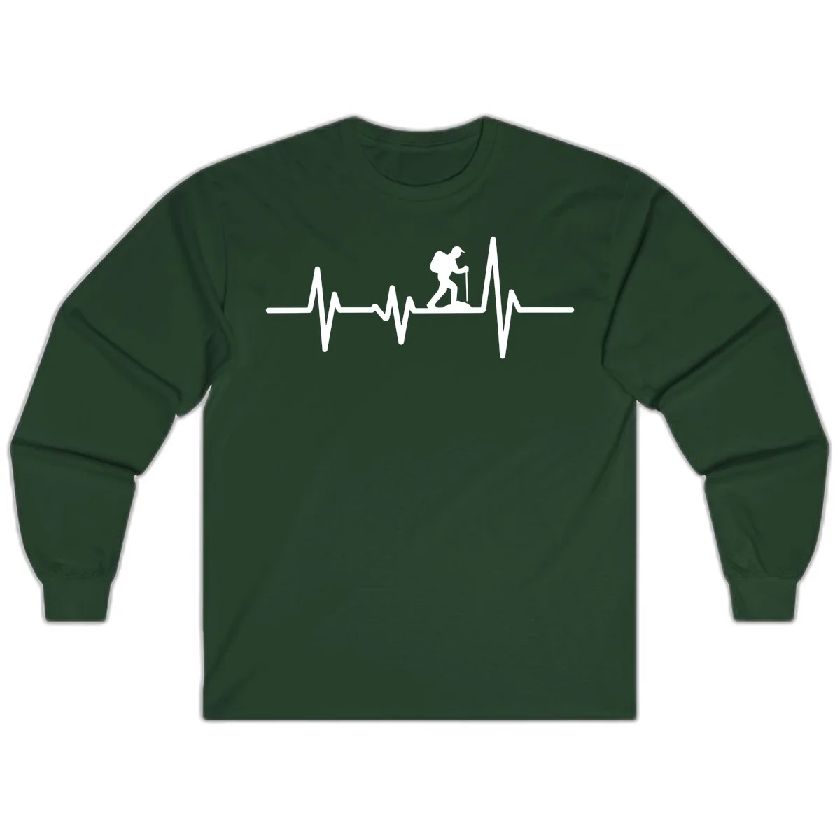 White hiking silhouette with backpack integrated into a heartbeat ECG line on gray background in Forest Green