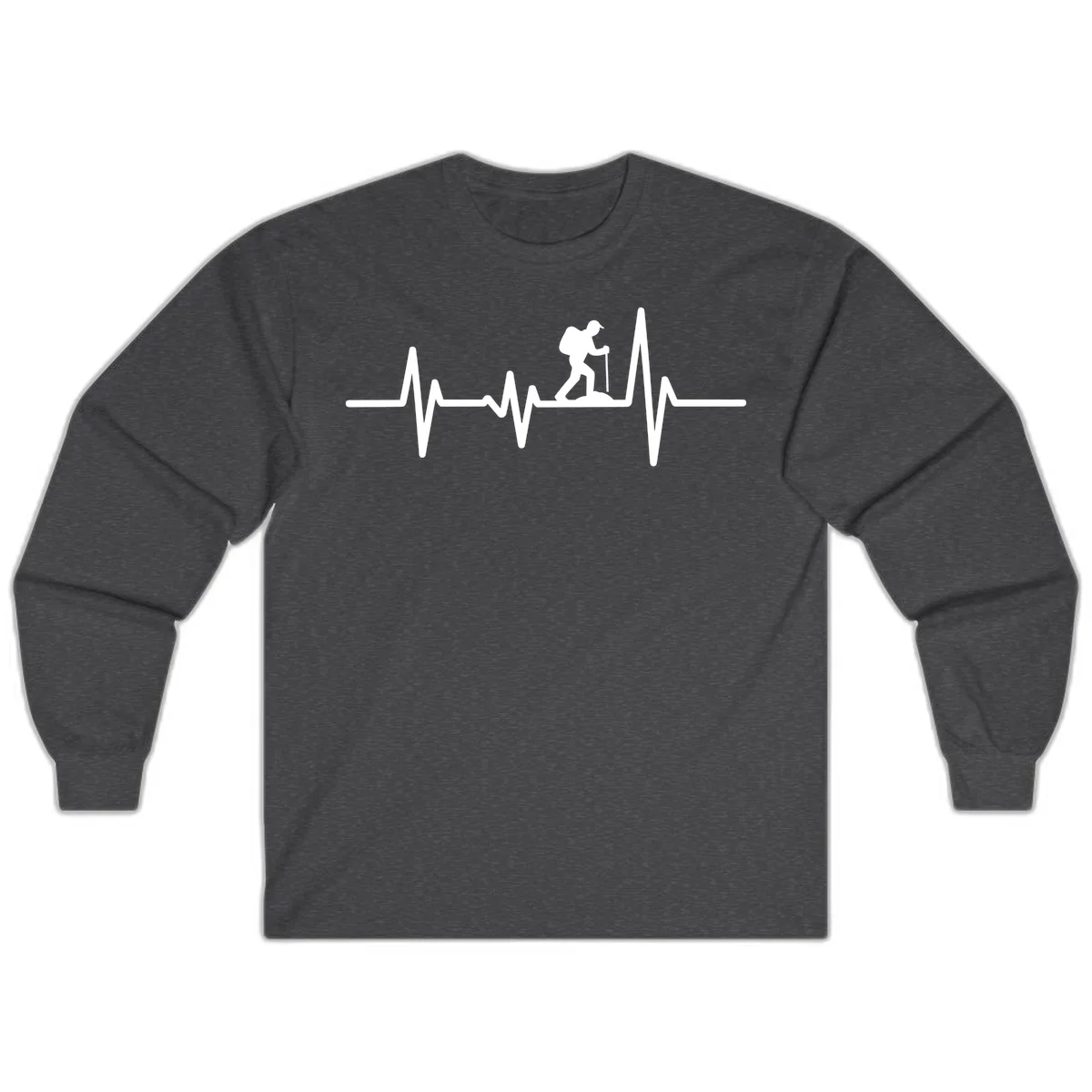 White hiking silhouette with backpack integrated into a heartbeat ECG line on gray background in Dark Heather