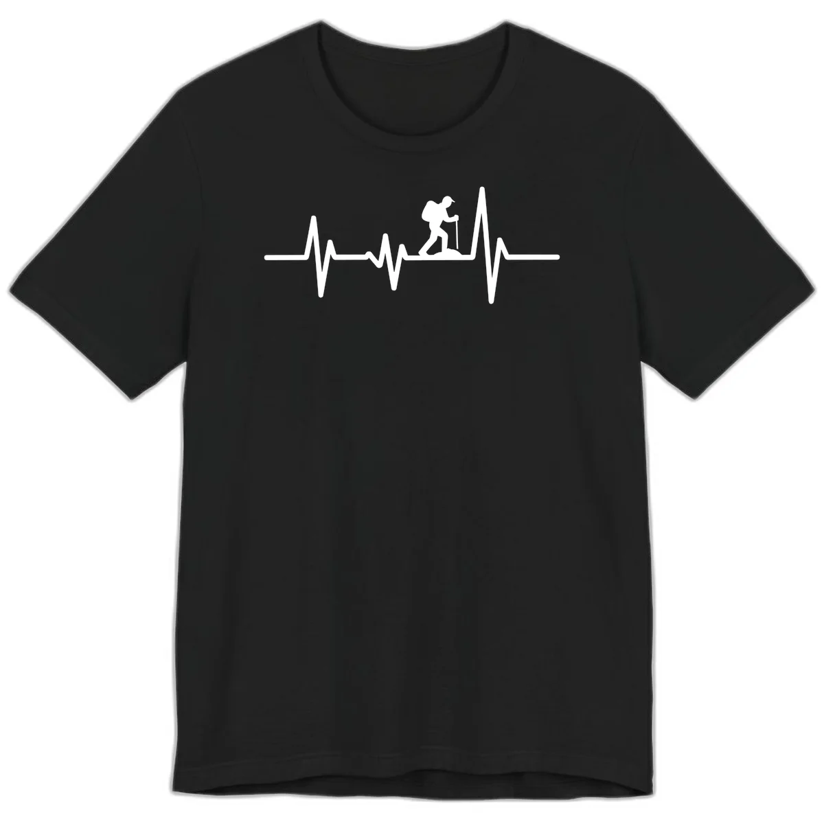 White hiking silhouette with backpack integrated into a heartbeat ECG line on gray background in Black