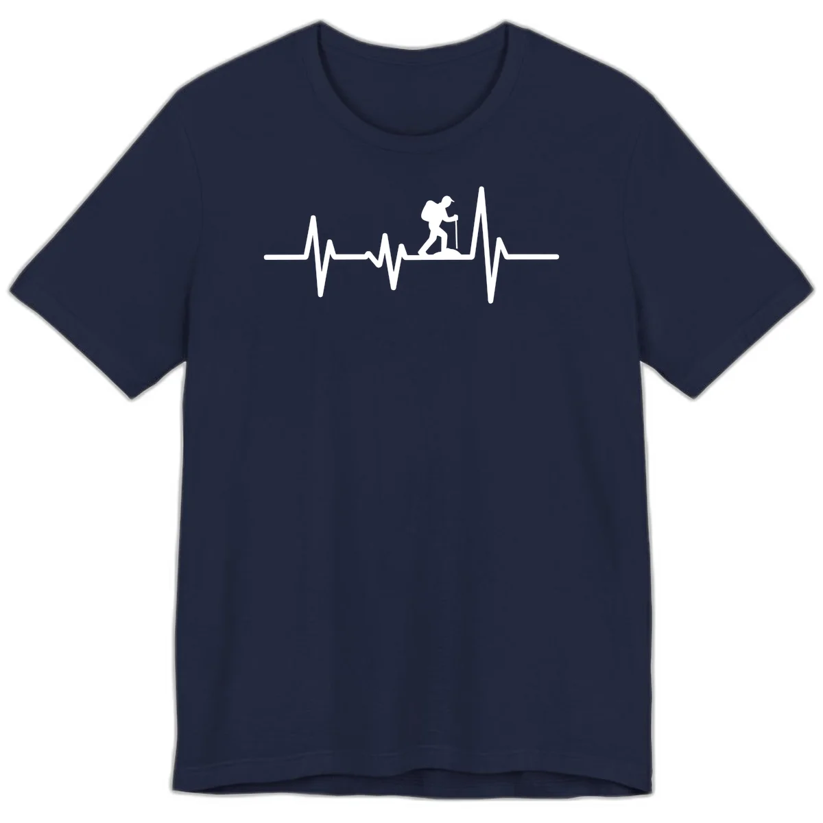 White hiking silhouette with backpack integrated into a heartbeat ECG line on gray background in Navy