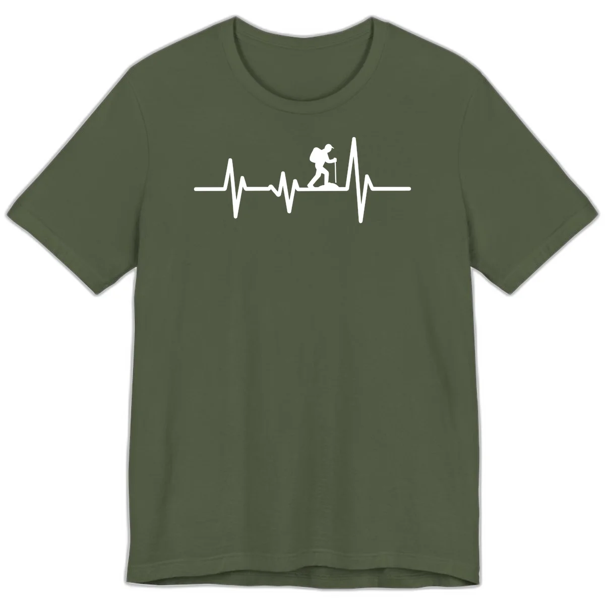 White hiking silhouette with backpack integrated into a heartbeat ECG line on gray background in Military Green