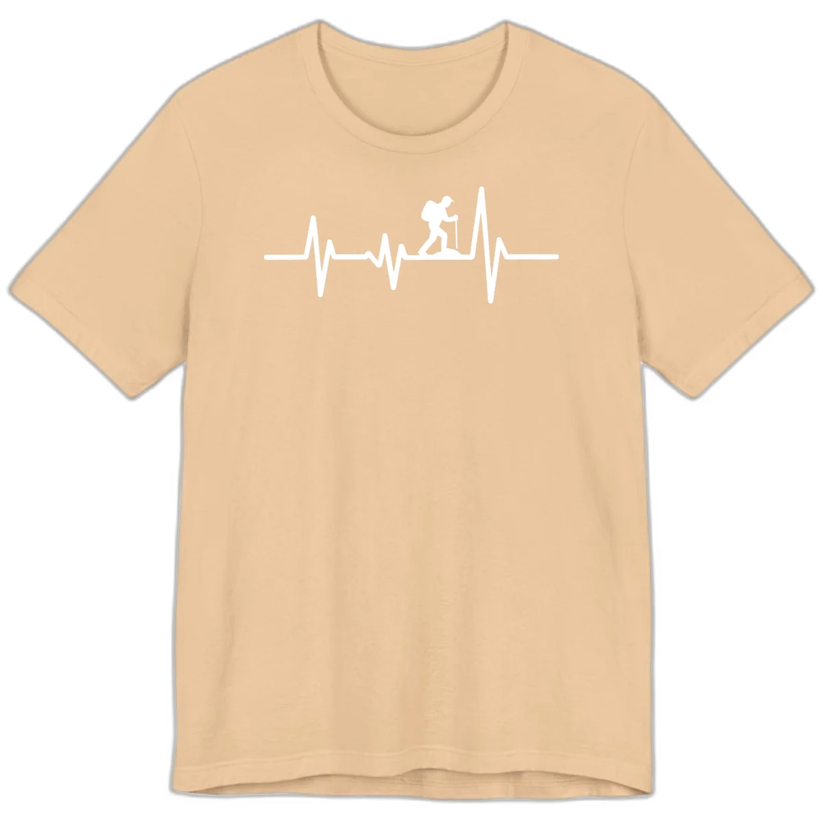 White hiking silhouette with backpack integrated into a heartbeat ECG line on gray background in Sand Dune