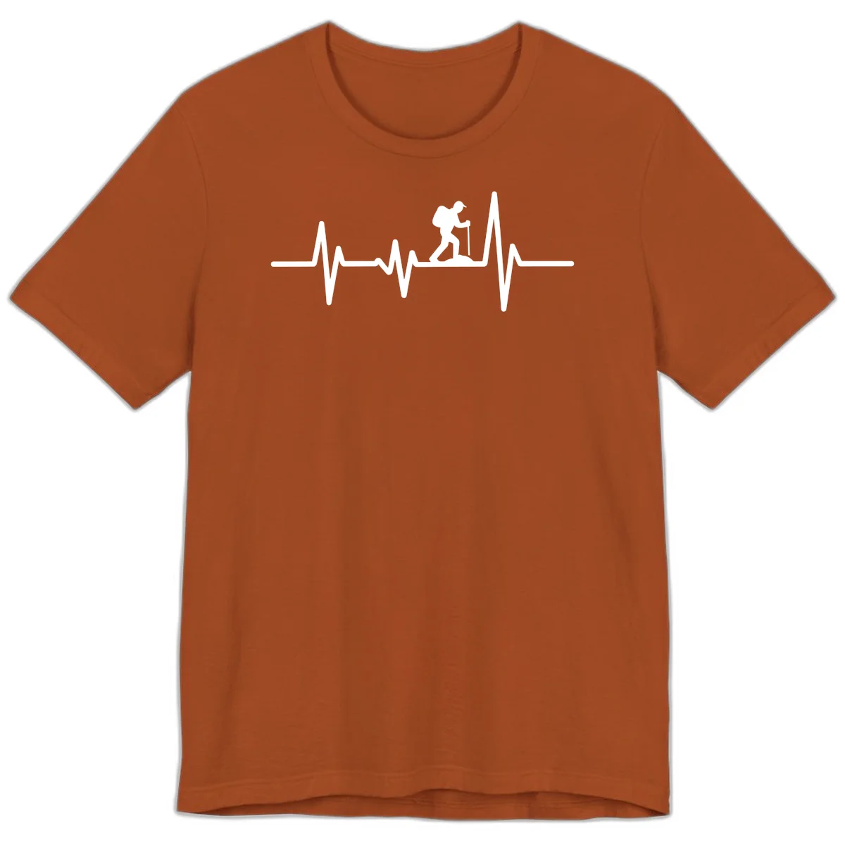 White hiking silhouette with backpack integrated into a heartbeat ECG line on gray background in Autumn