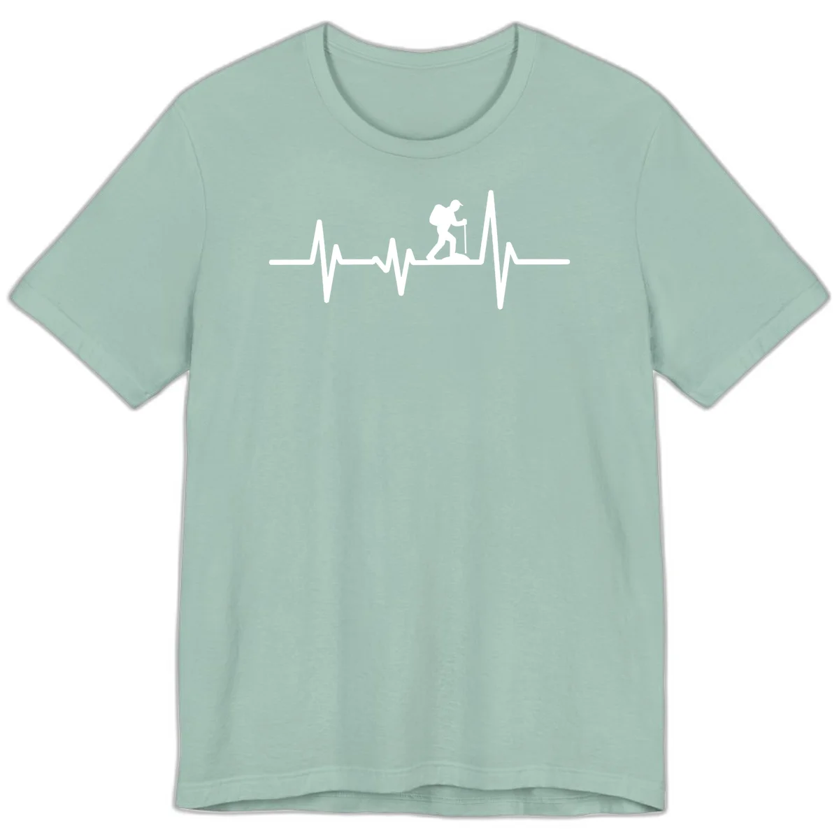 White hiking silhouette with backpack integrated into a heartbeat ECG line on gray background in Dusty Blue