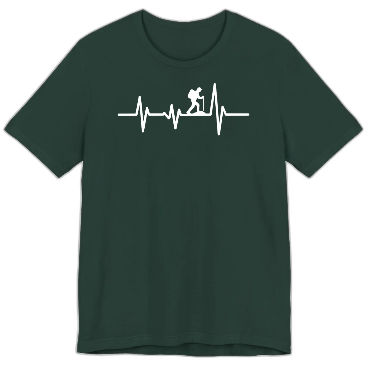 White hiking silhouette with backpack integrated into a heartbeat ECG line on gray background in Forest