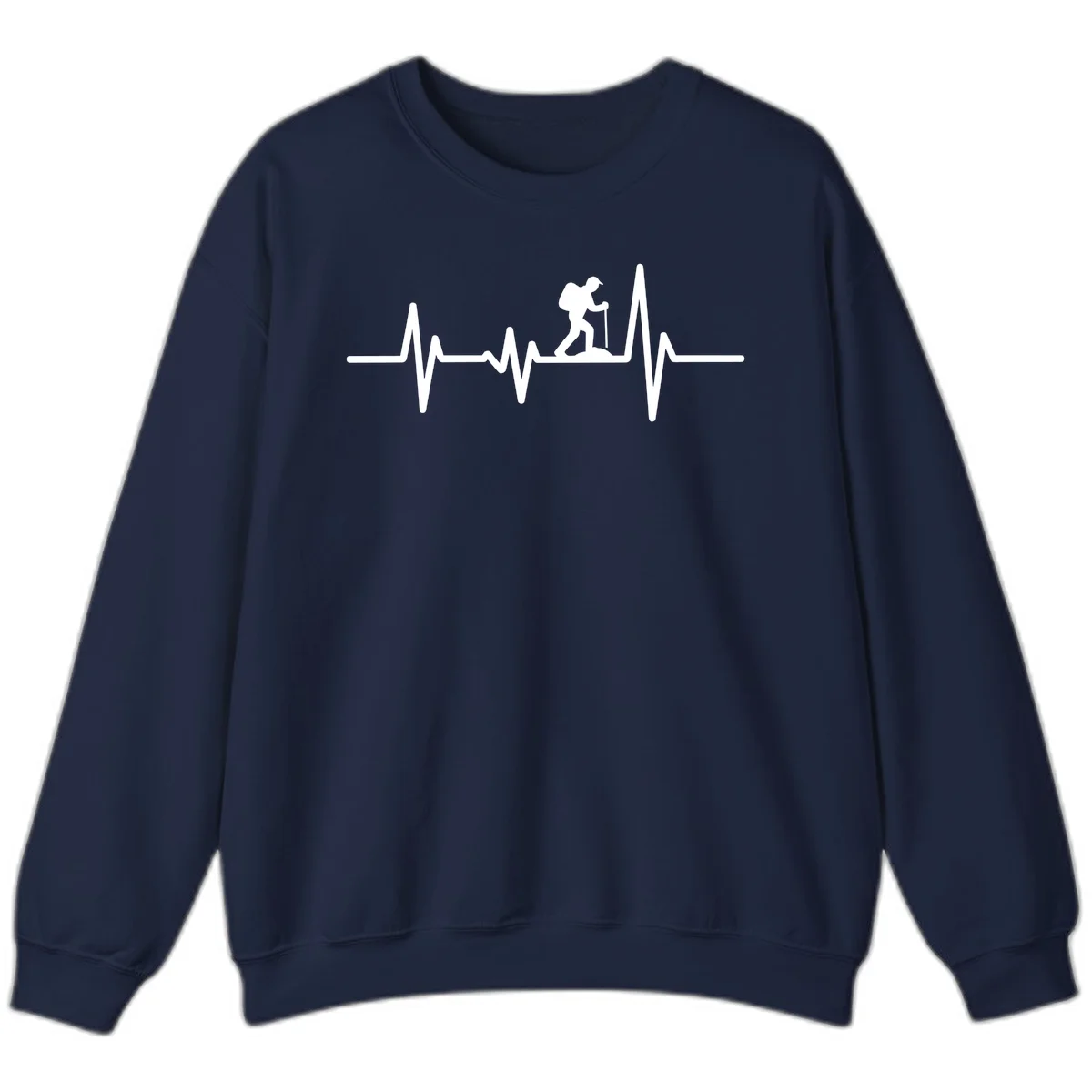 White hiking silhouette with backpack integrated into a heartbeat ECG line on gray background in Navy