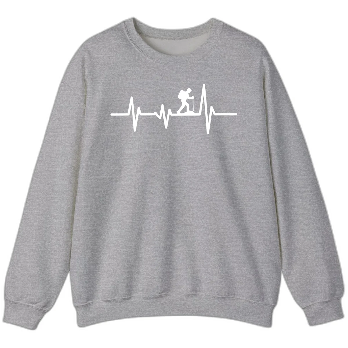 White hiking silhouette with backpack integrated into a heartbeat ECG line on gray background in Sport Grey