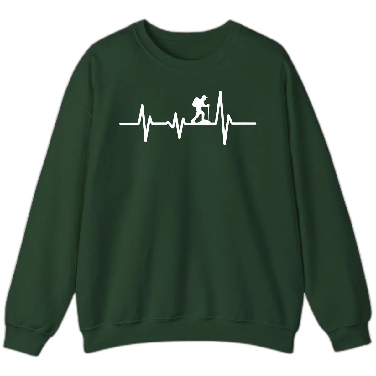 White hiking silhouette with backpack integrated into a heartbeat ECG line on gray background in Forest Green