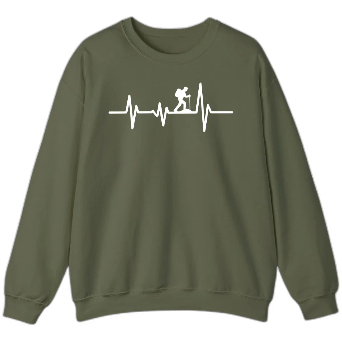 White hiking silhouette with backpack integrated into a heartbeat ECG line on gray background in Military Green
