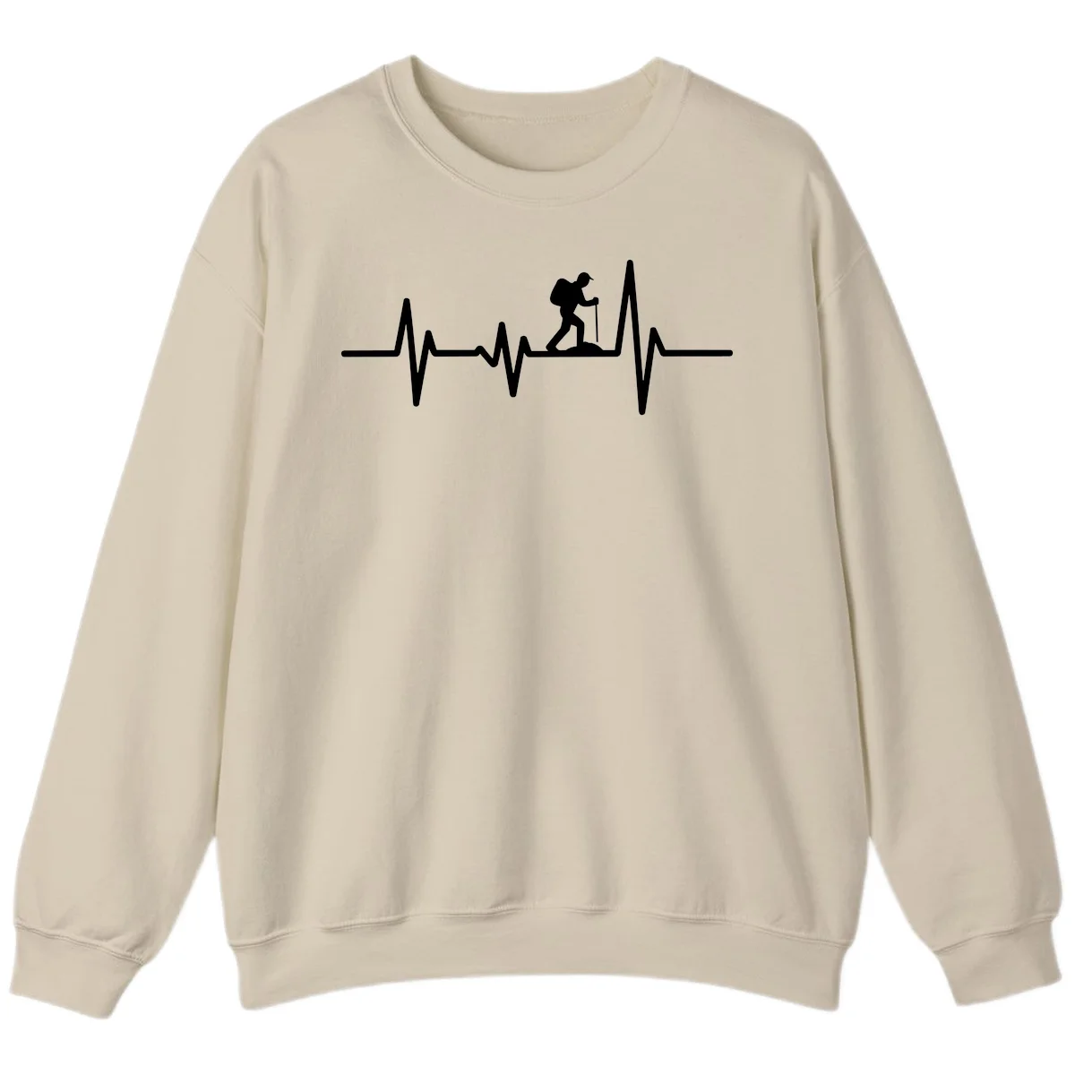White hiking silhouette with backpack integrated into a heartbeat ECG line on gray background in Sand