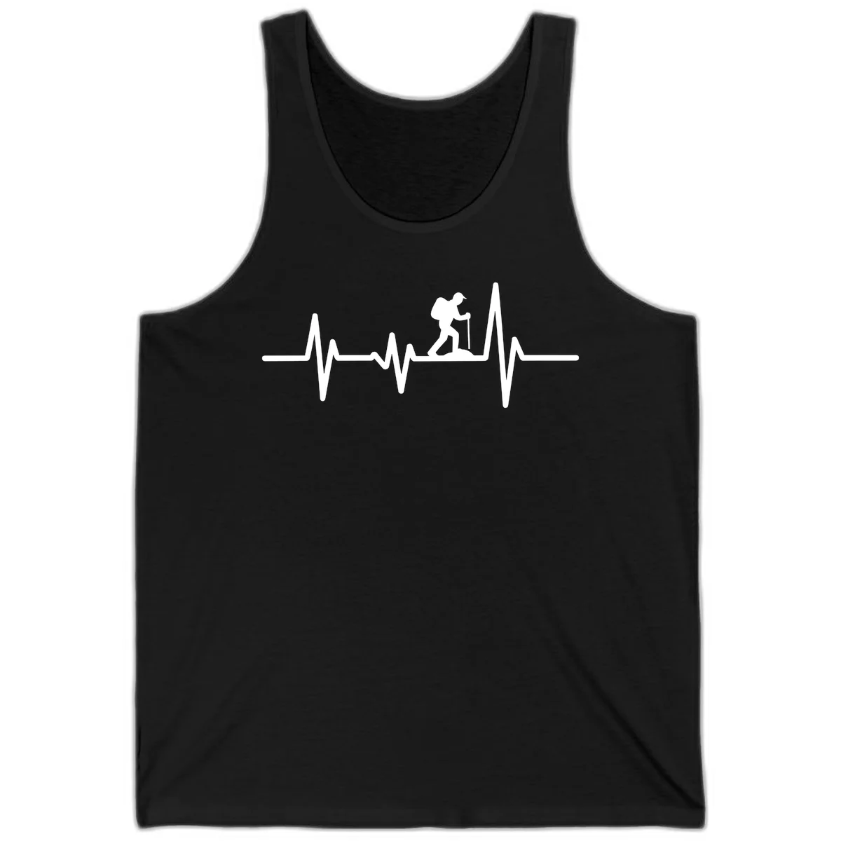 White hiking silhouette with backpack integrated into a heartbeat ECG line on gray background in Black