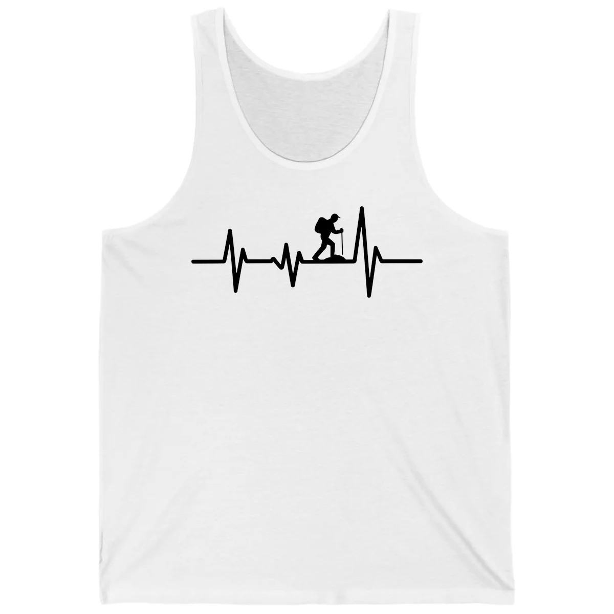 White hiking silhouette with backpack integrated into a heartbeat ECG line on gray background in White