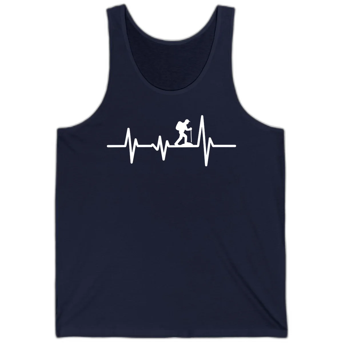 White hiking silhouette with backpack integrated into a heartbeat ECG line on gray background in Navy