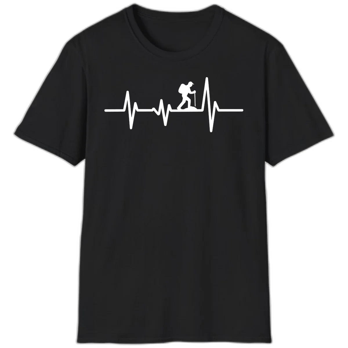 White hiking silhouette with backpack integrated into a heartbeat ECG line on gray background in Black