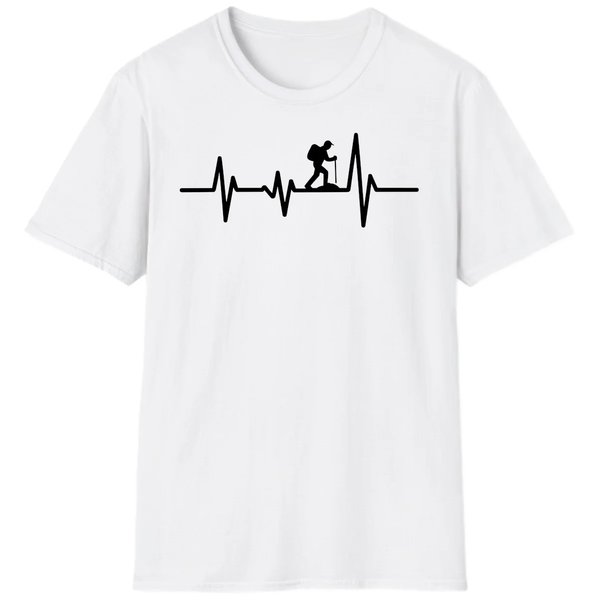 White hiking silhouette with backpack integrated into a heartbeat ECG line on gray background in White