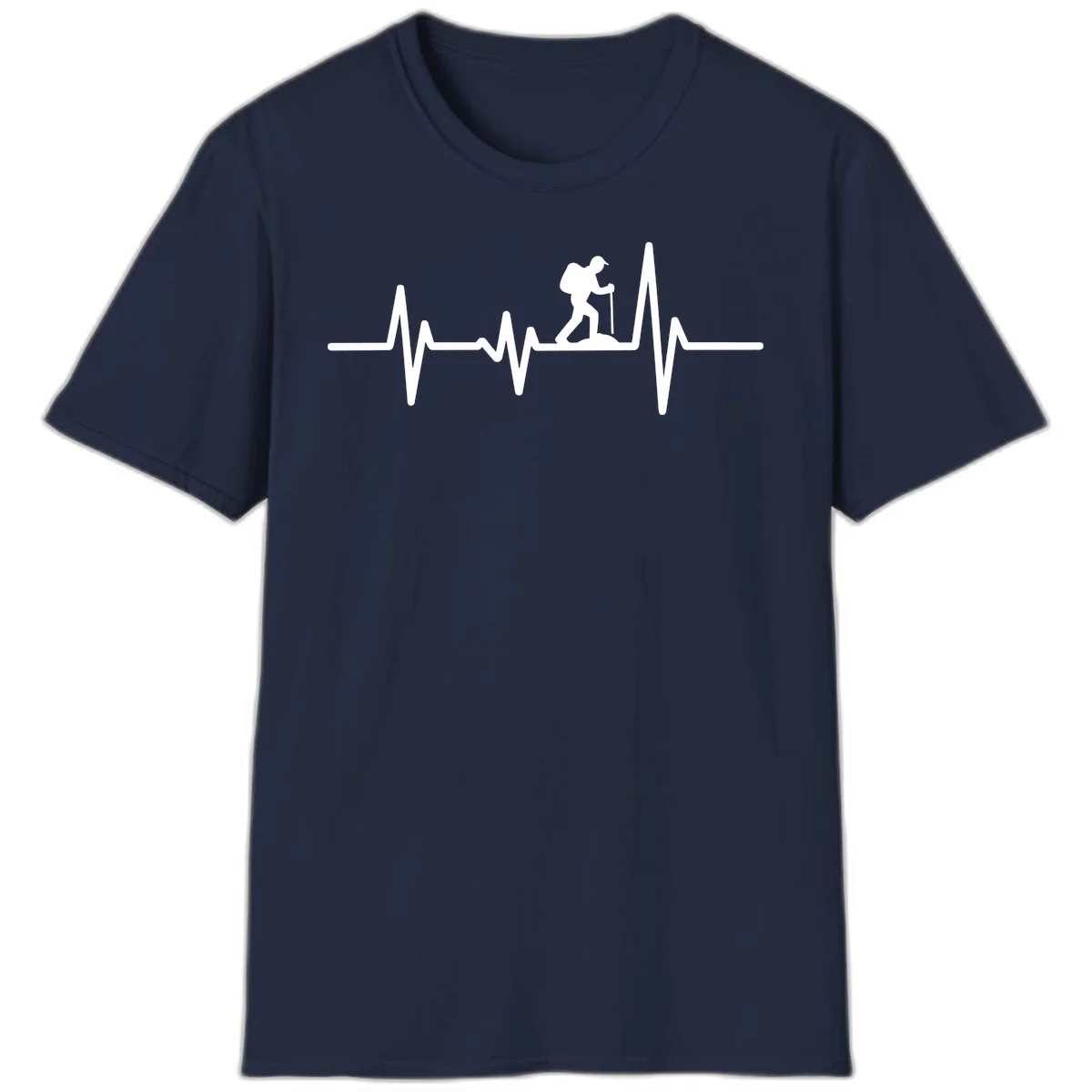 White hiking silhouette with backpack integrated into a heartbeat ECG line on gray background in Navy