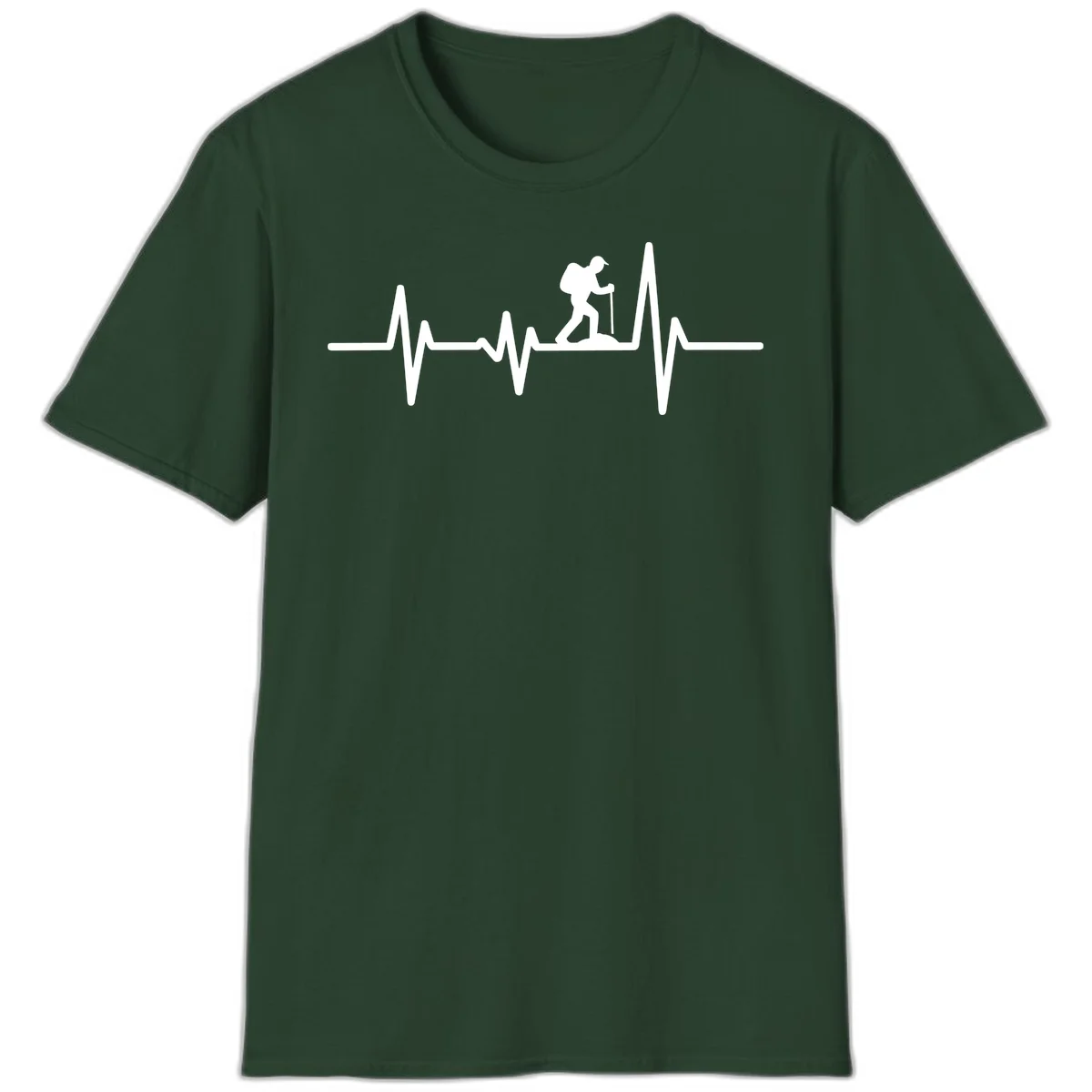 White hiking silhouette with backpack integrated into a heartbeat ECG line on gray background in Forest Green