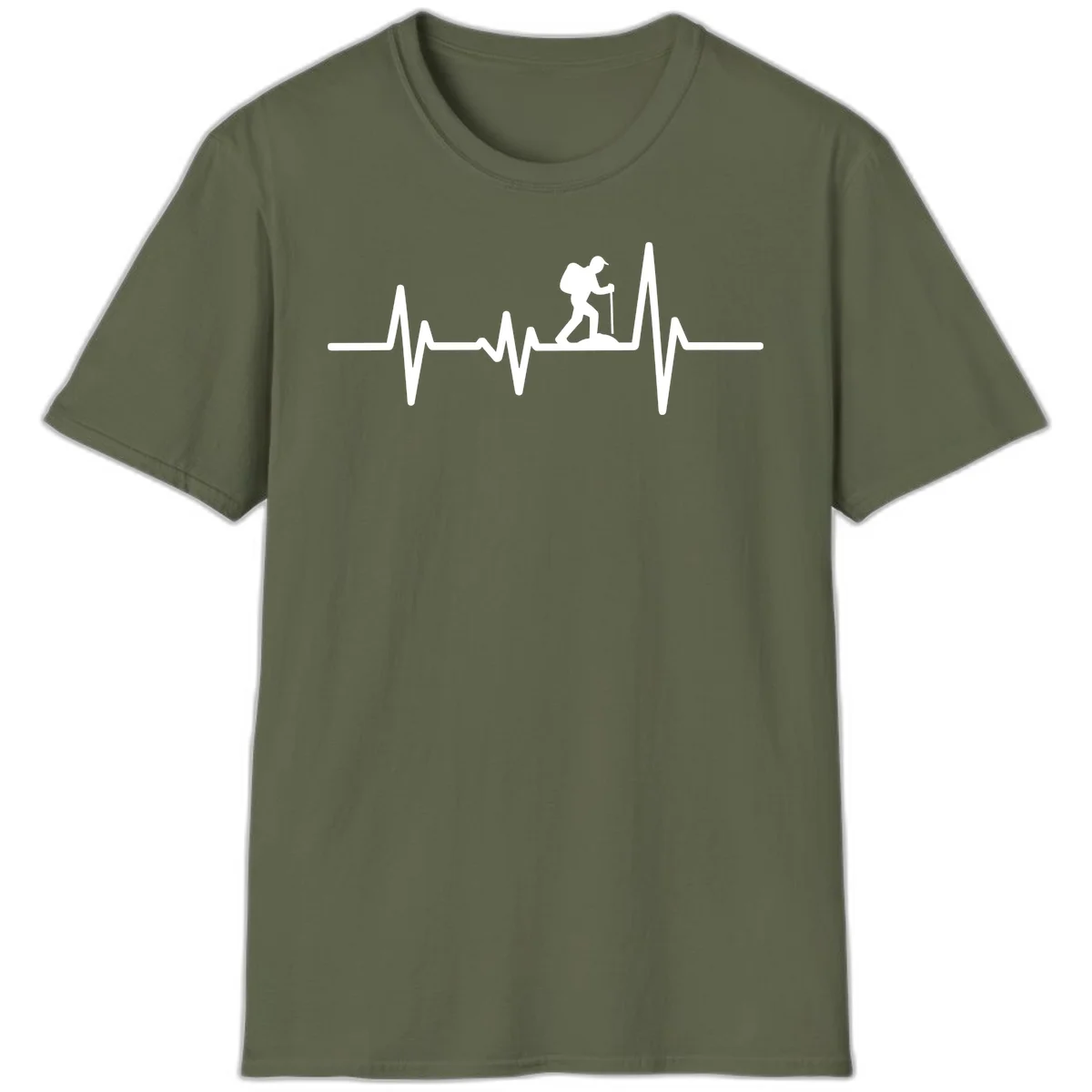 White hiking silhouette with backpack integrated into a heartbeat ECG line on gray background in Military Green
