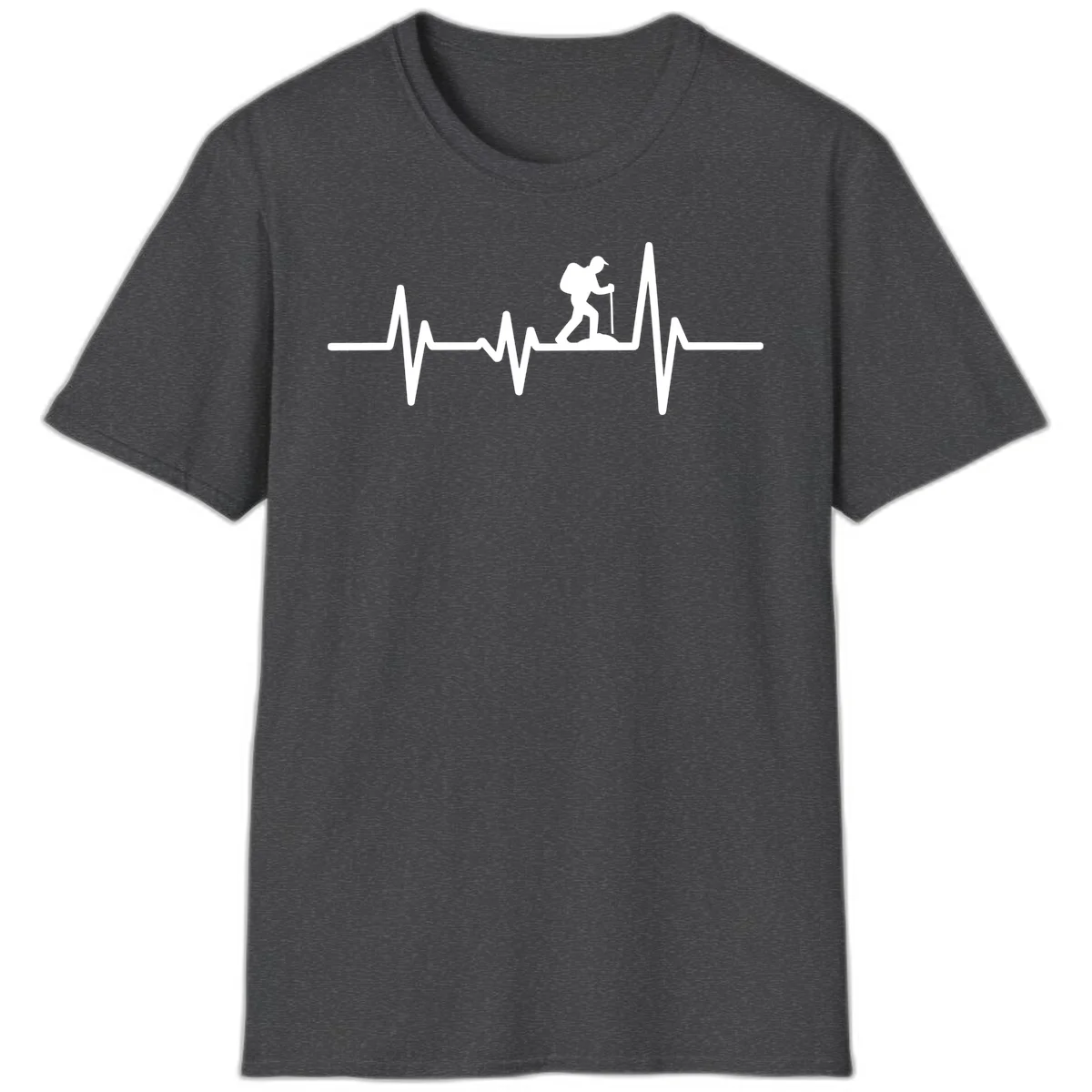 White hiking silhouette with backpack integrated into a heartbeat ECG line on gray background in Dark Heather