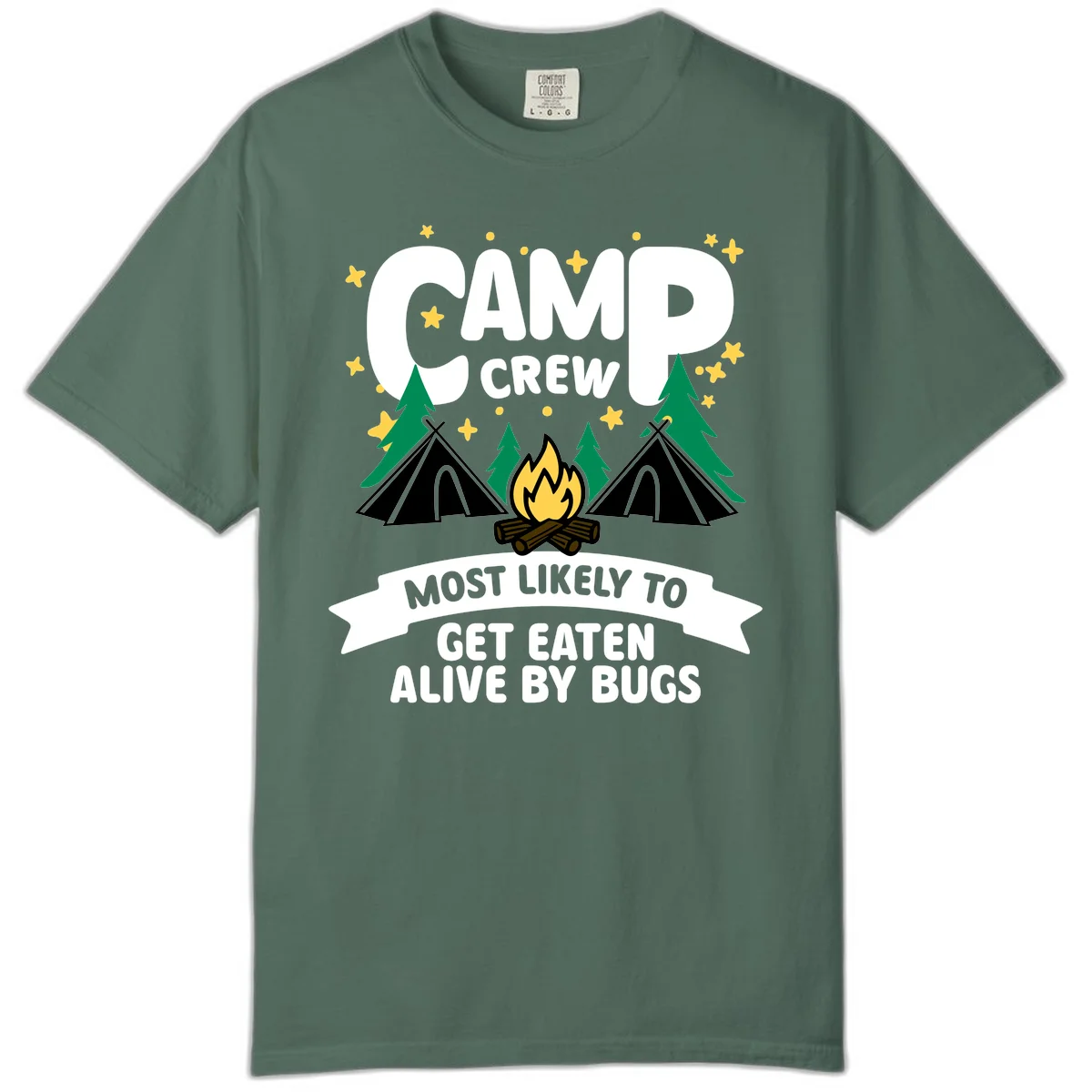 Camping illustration with tents, campfire, and pine trees surrounding text reading 'Camp Crew Most Likely To Get Eaten Alive By Bugs' in Blue Spruce