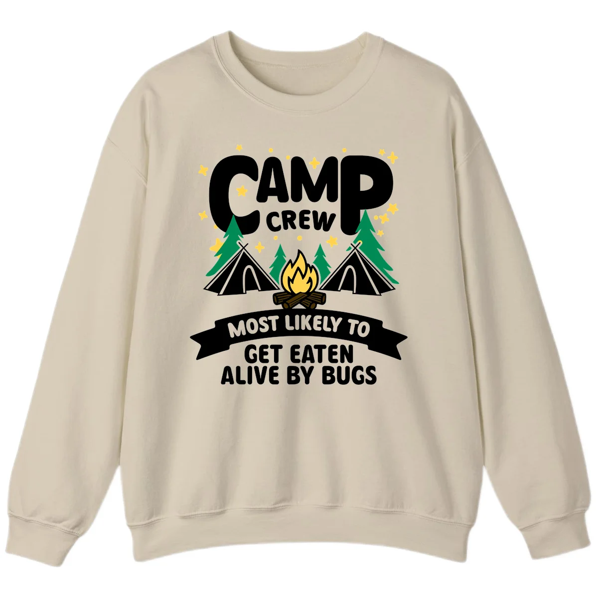 Camping illustration with tents, campfire, and pine trees surrounding text reading 'Camp Crew Most Likely To Get Eaten Alive By Bugs' in Sand