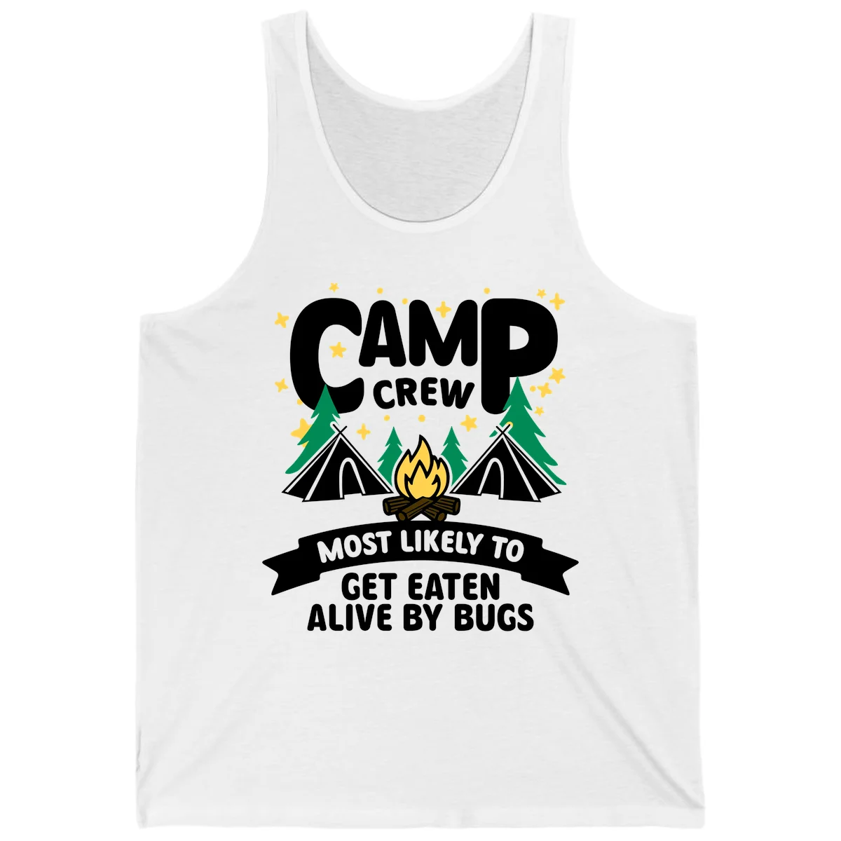 Camping illustration with tents, campfire, and pine trees surrounding text reading 'Camp Crew Most Likely To Get Eaten Alive By Bugs' in White