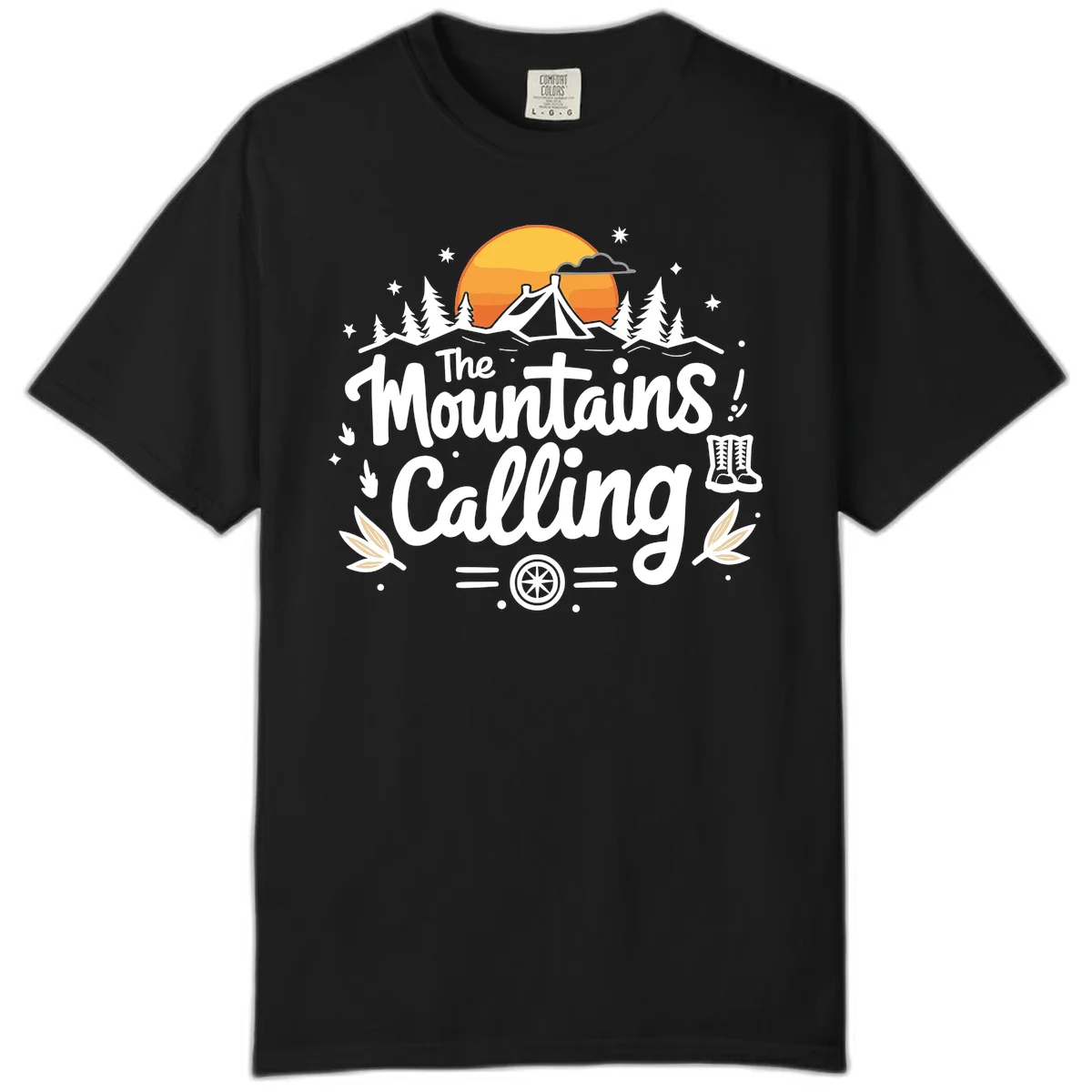 Illustration of a camping tent in a forest with mountains and sunset, surrounded by stars, trees, and hiking boots with 'The Mountains Calling' text. in Black