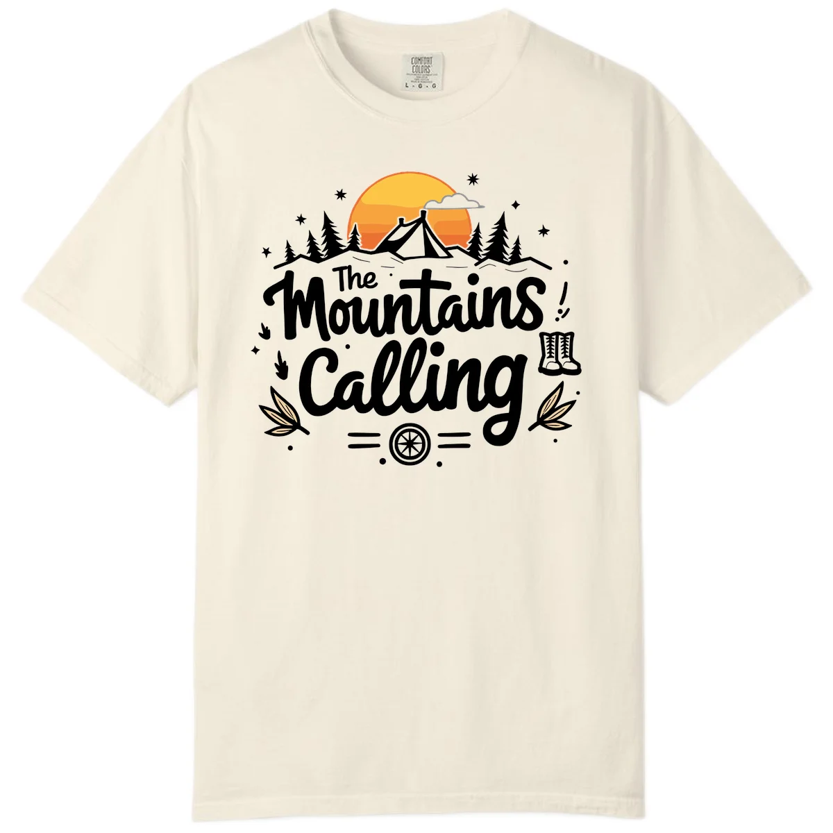 Illustration of a camping tent in a forest with mountains and sunset, surrounded by stars, trees, and hiking boots with 'The Mountains Calling' text. in Ivory