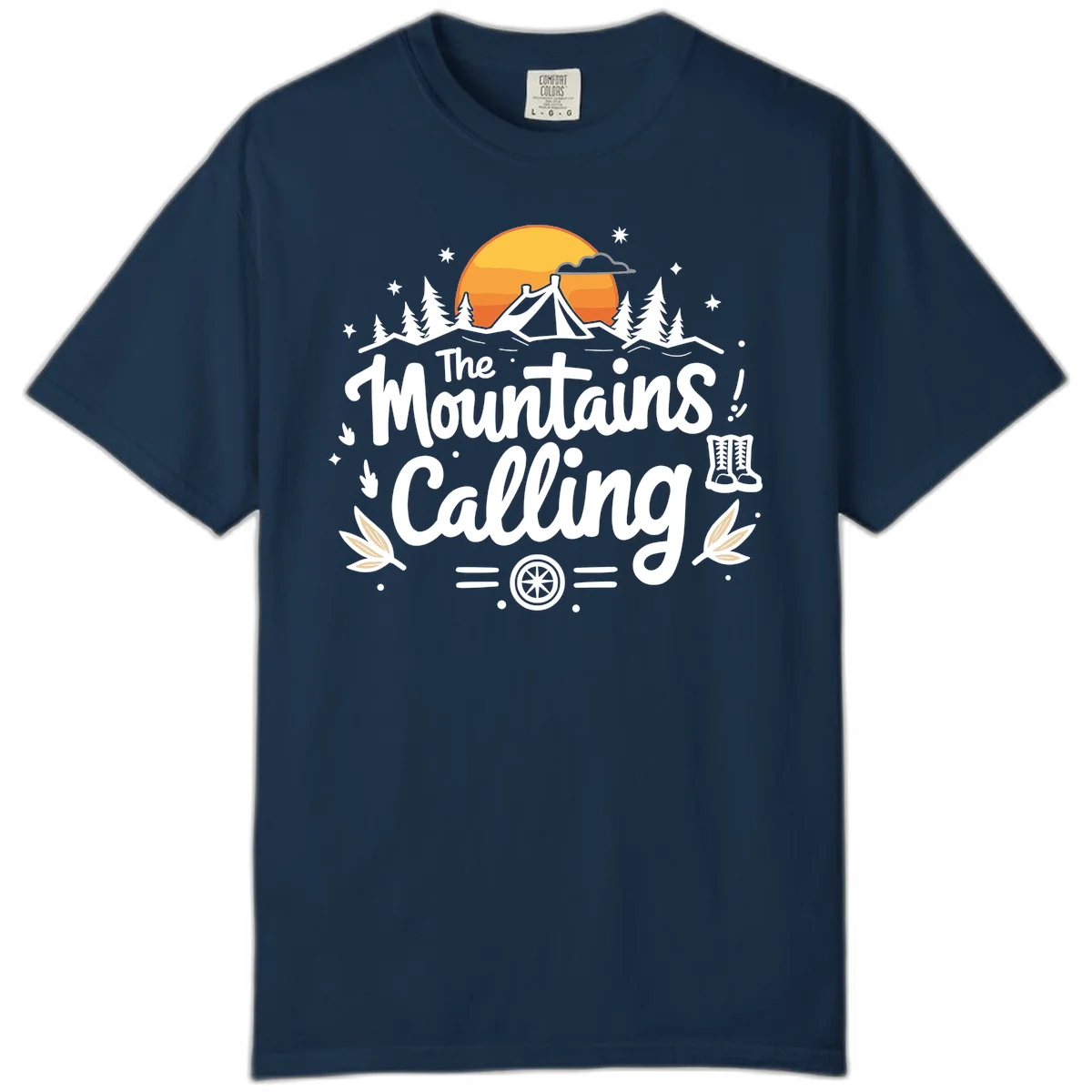 Illustration of a camping tent in a forest with mountains and sunset, surrounded by stars, trees, and hiking boots with 'The Mountains Calling' text. in True Navy