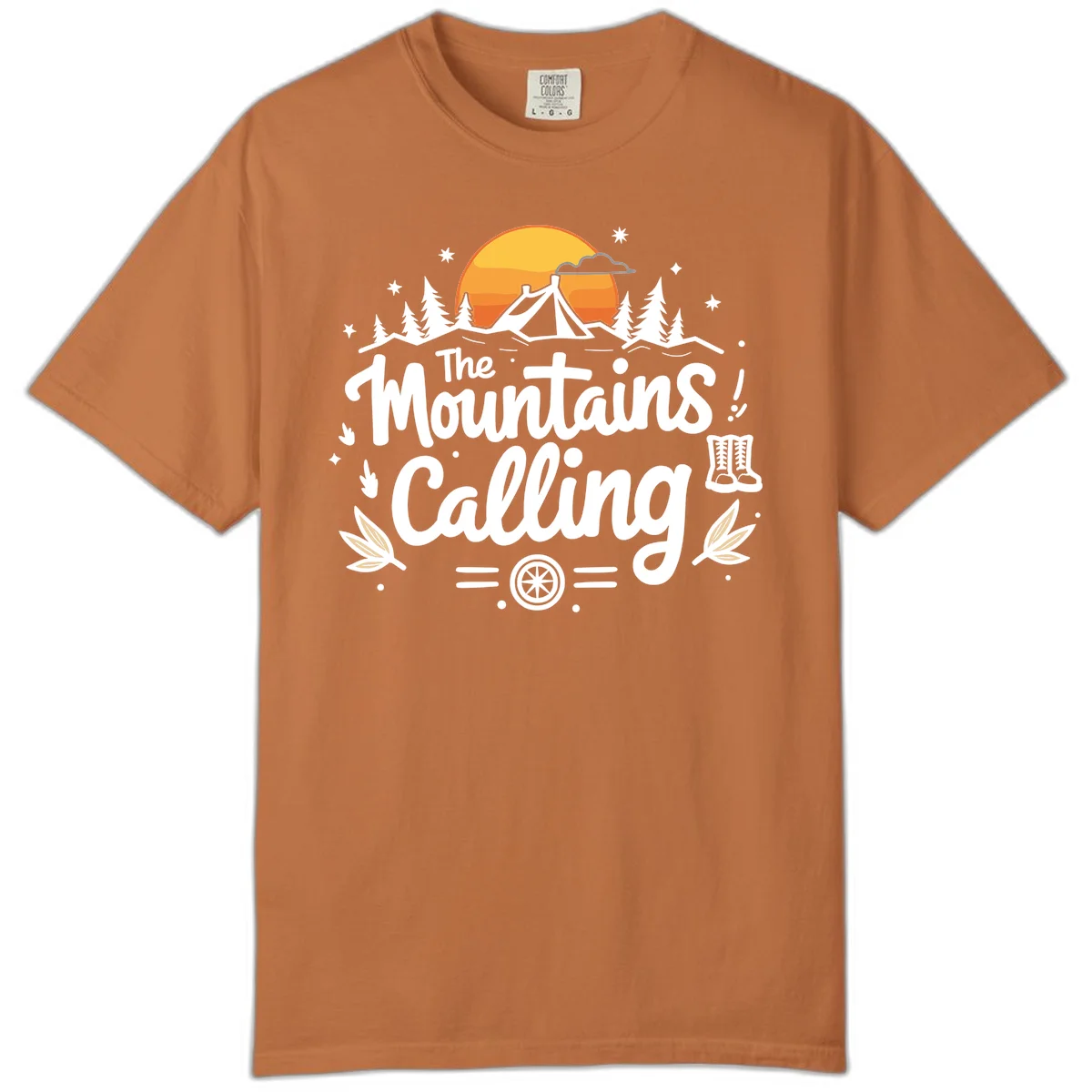 Illustration of a camping tent in a forest with mountains and sunset, surrounded by stars, trees, and hiking boots with 'The Mountains Calling' text. in Yam