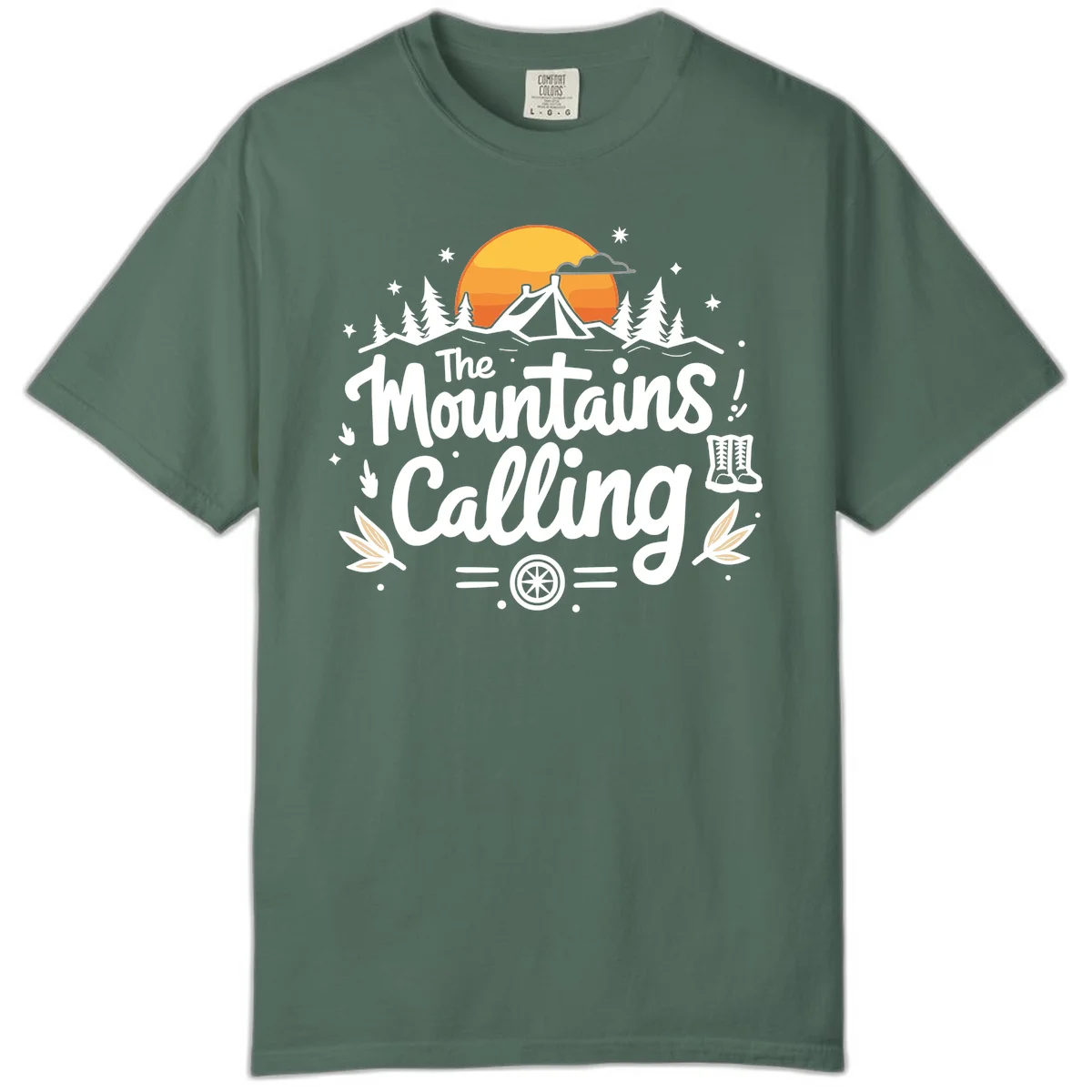 Illustration of a camping tent in a forest with mountains and sunset, surrounded by stars, trees, and hiking boots with 'The Mountains Calling' text. in Blue Spruce