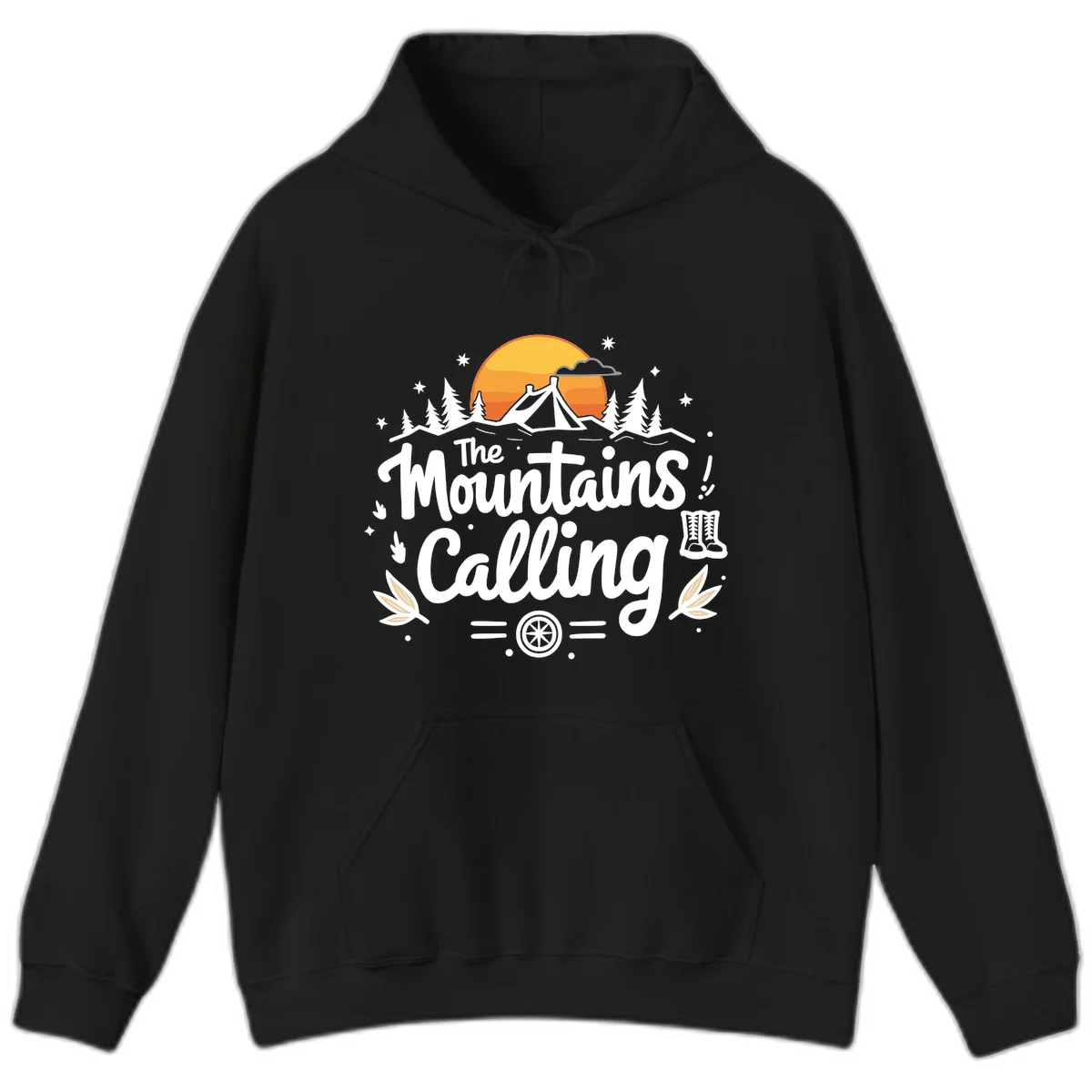 Illustration of a camping tent in a forest with mountains and sunset, surrounded by stars, trees, and hiking boots with 'The Mountains Calling' text. in Black