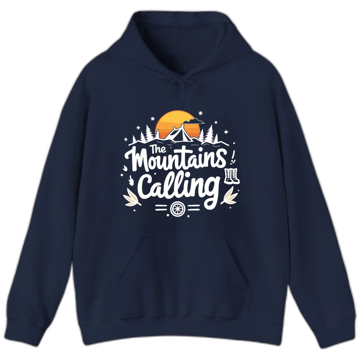 Illustration of a camping tent in a forest with mountains and sunset, surrounded by stars, trees, and hiking boots with 'The Mountains Calling' text. in Navy