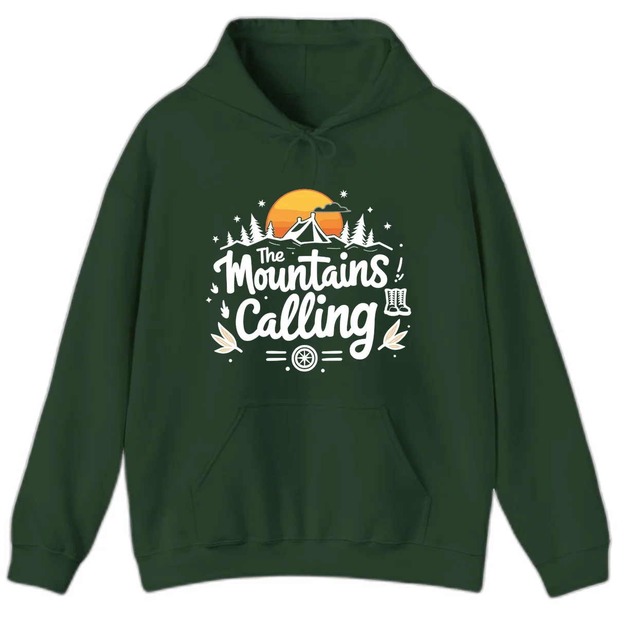 Illustration of a camping tent in a forest with mountains and sunset, surrounded by stars, trees, and hiking boots with 'The Mountains Calling' text. in Forest Green