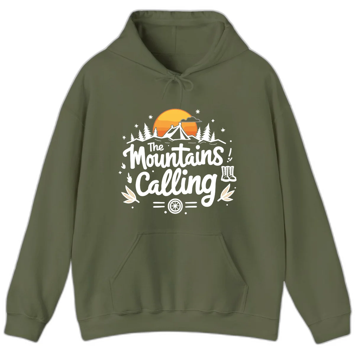 Illustration of a camping tent in a forest with mountains and sunset, surrounded by stars, trees, and hiking boots with 'The Mountains Calling' text. in Military Green