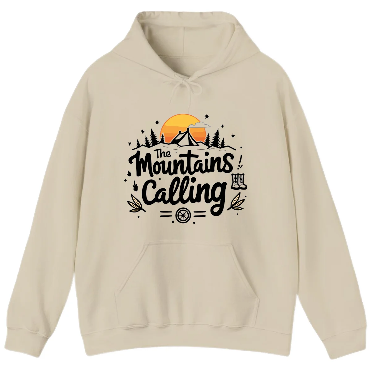 Illustration of a camping tent in a forest with mountains and sunset, surrounded by stars, trees, and hiking boots with 'The Mountains Calling' text. in Sand