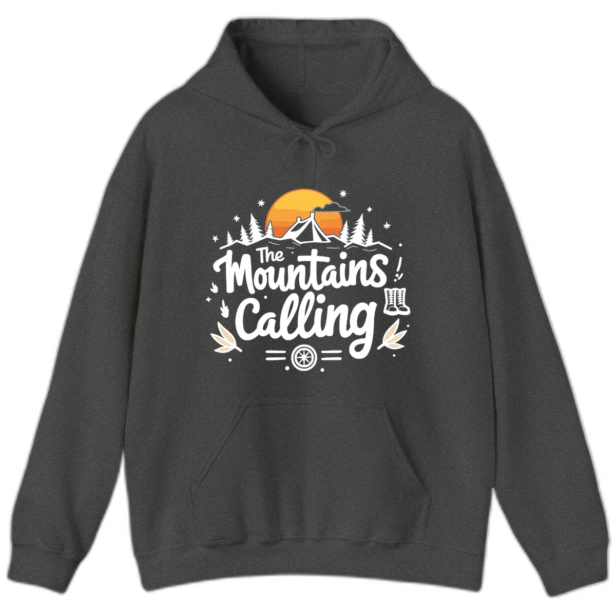 Illustration of a camping tent in a forest with mountains and sunset, surrounded by stars, trees, and hiking boots with 'The Mountains Calling' text. in Dark Heather