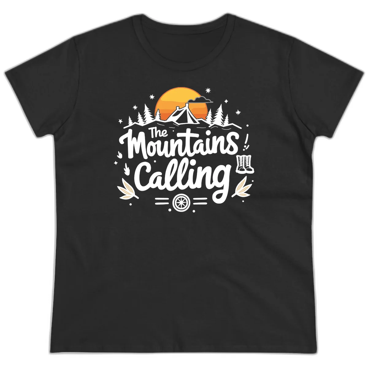 Illustration of a camping tent in a forest with mountains and sunset, surrounded by stars, trees, and hiking boots with 'The Mountains Calling' text. in Black