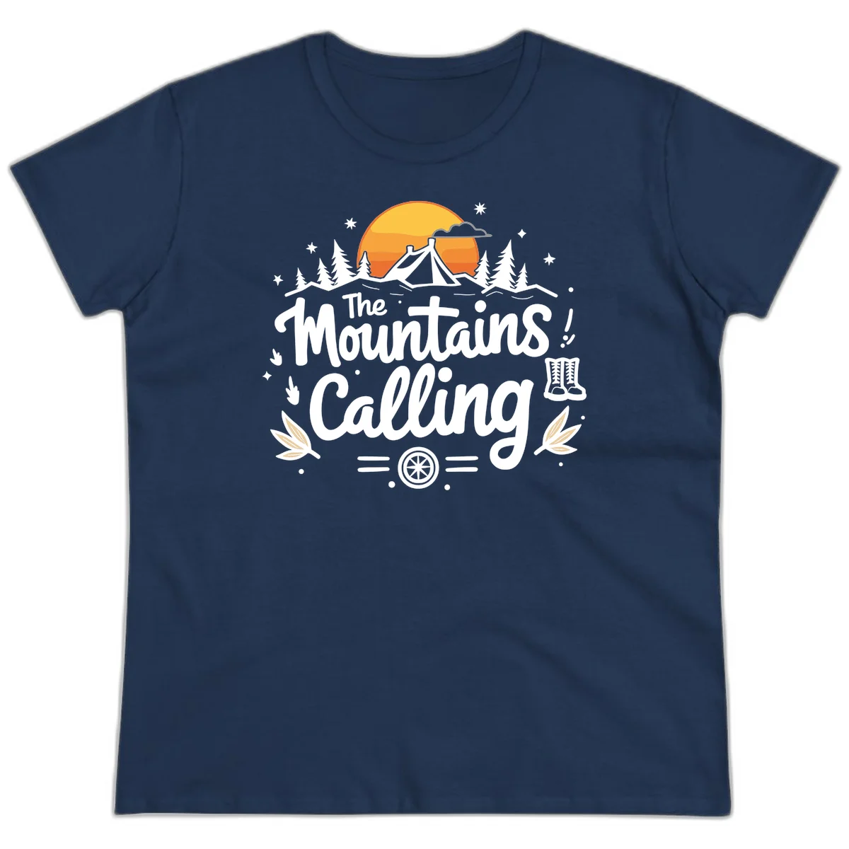 Illustration of a camping tent in a forest with mountains and sunset, surrounded by stars, trees, and hiking boots with 'The Mountains Calling' text. in Navy
