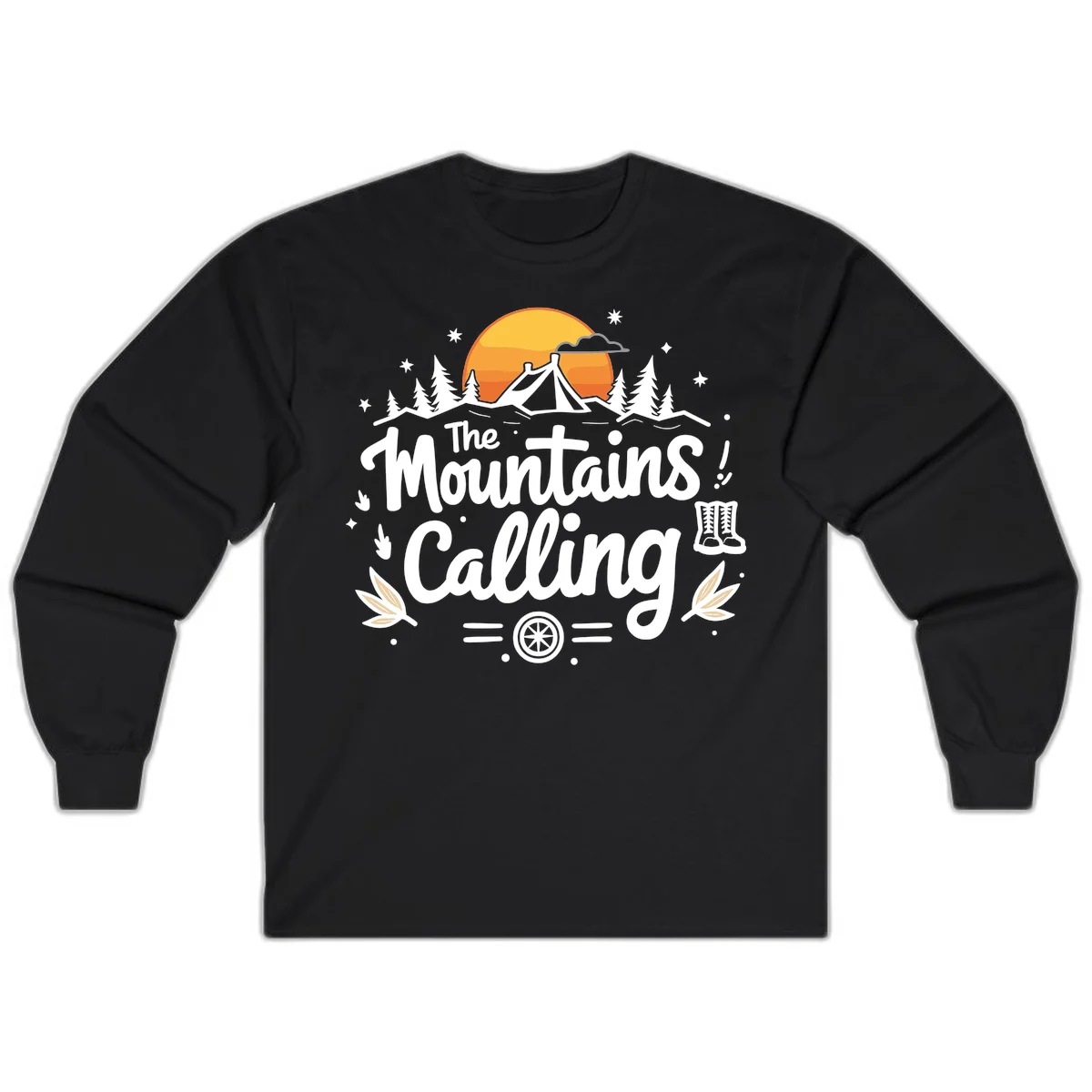 Illustration of a camping tent in a forest with mountains and sunset, surrounded by stars, trees, and hiking boots with 'The Mountains Calling' text. in Black