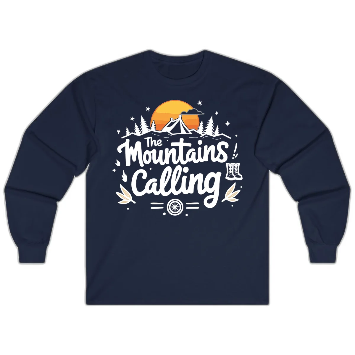 Illustration of a camping tent in a forest with mountains and sunset, surrounded by stars, trees, and hiking boots with 'The Mountains Calling' text. in Navy