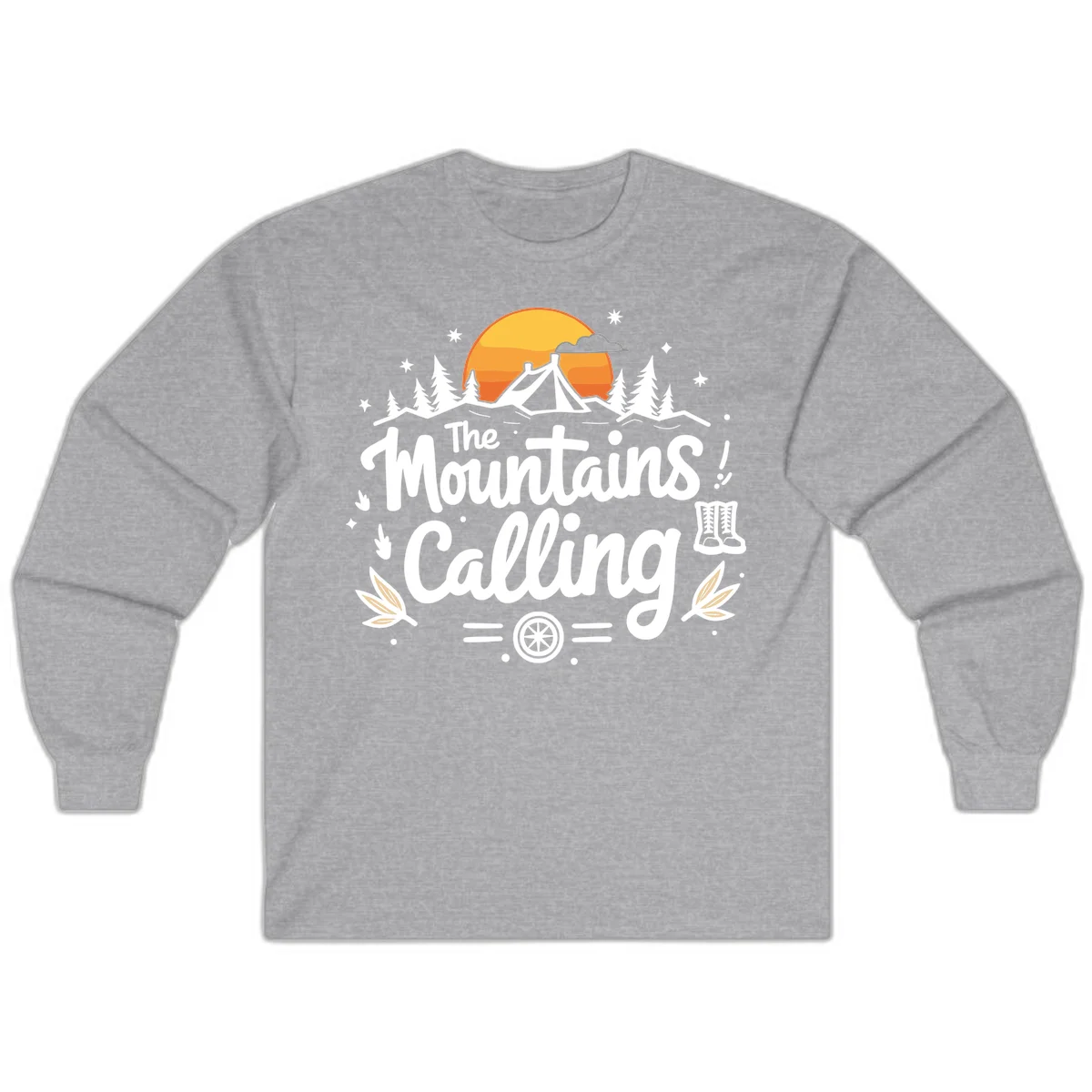 Illustration of a camping tent in a forest with mountains and sunset, surrounded by stars, trees, and hiking boots with 'The Mountains Calling' text. in Sport Grey