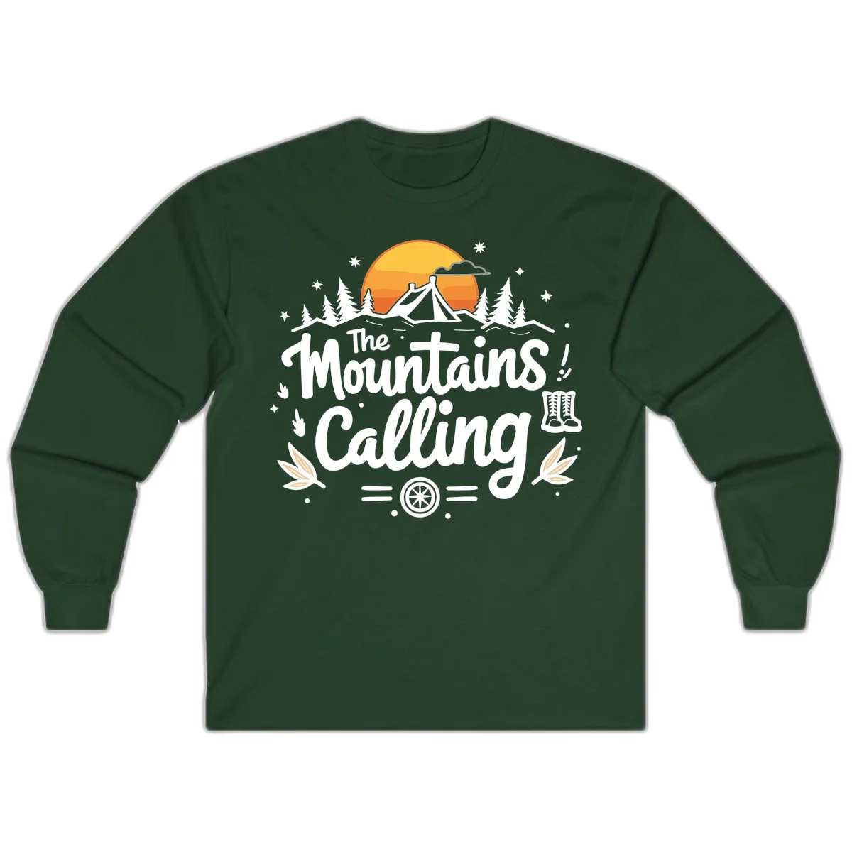 Illustration of a camping tent in a forest with mountains and sunset, surrounded by stars, trees, and hiking boots with 'The Mountains Calling' text. in Forest Green