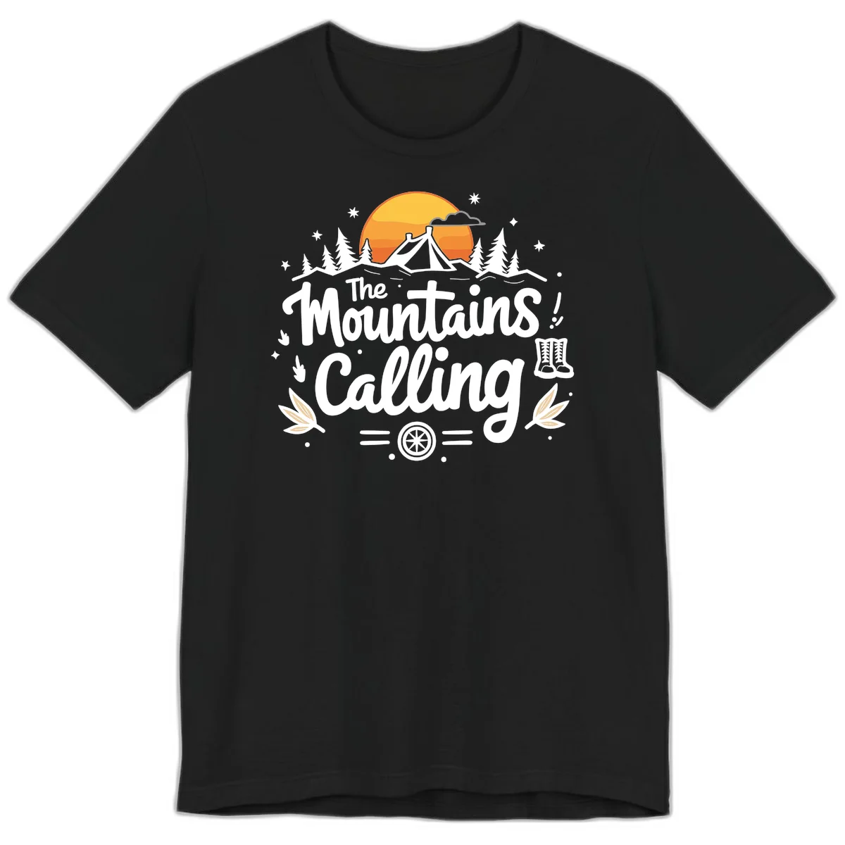 Illustration of a camping tent in a forest with mountains and sunset, surrounded by stars, trees, and hiking boots with 'The Mountains Calling' text. in Black